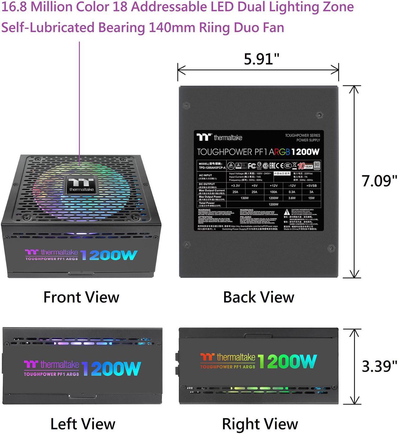 Alt view image 11 of 14 - Thermaltake Toughpower PF1 ARGB 1200W 80+ Platinum 16.8 Million Colors 18 Addressable LEDs 5V Motherboard Sync/Analog Controlled SLI Full Modular Power Supply PS-TPD-1200F3FAPU-1