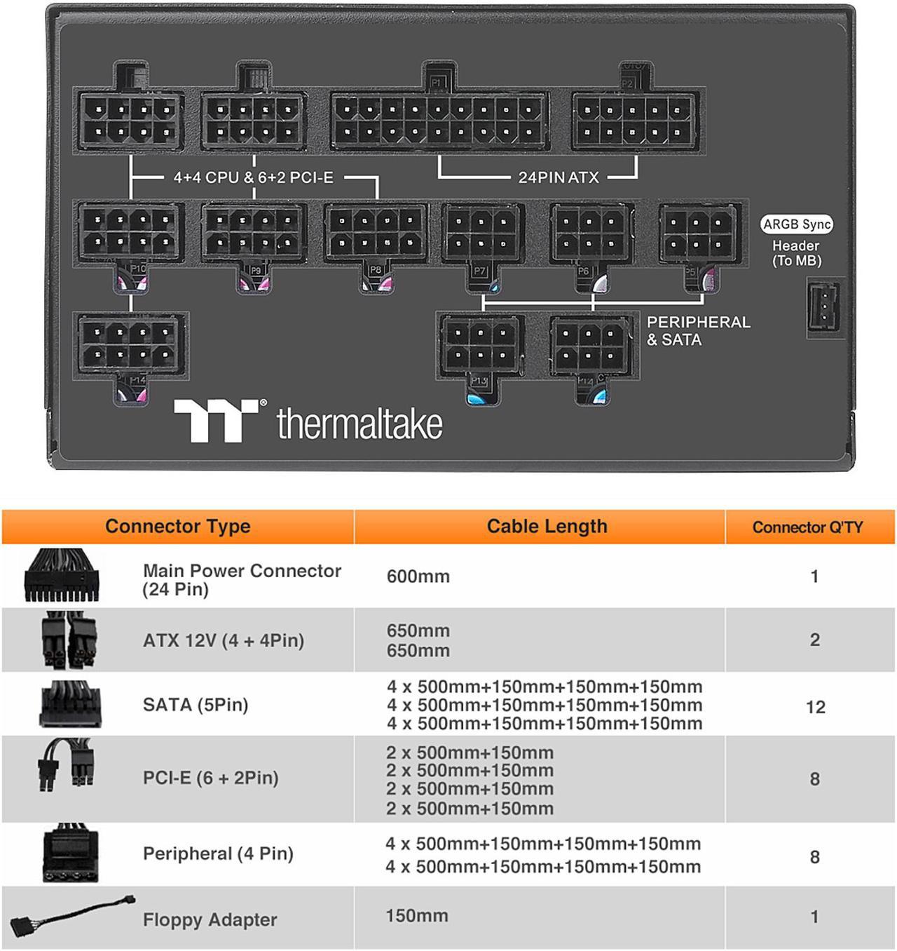 Alt view image 12 of 14 - Thermaltake Toughpower PF1 ARGB 1200W 80+ Platinum 16.8 Million Colors 18 Addressable LEDs 5V Motherboard Sync/Analog Controlled SLI Full Modular Power Supply PS-TPD-1200F3FAPU-1