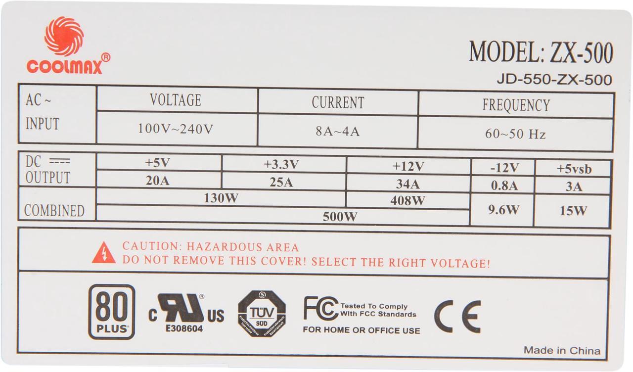 Alt view image 5 of 7 - COOLMAX ZX Series ZX-500 500 W ATX12V v2.2 / EPS12V v2.91 SLI Ready CrossFire Ready 80 PLUS Certified Active PFC Power Supply