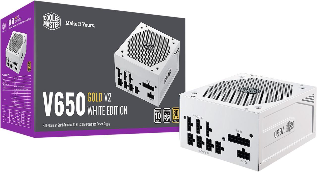 Cooler Master V650 Gold V2 White Edition Full Modular, 650W, 80+ Gold Efficiency, Semi-fanless Operation, 16AWG PCIe High-efficiency Cables, 10 Year Warranty