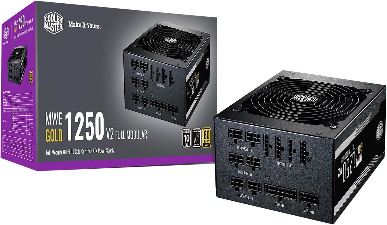 Cooler Master MWE Gold 1250 V2 Fully Modular, 1250W, 80+ Gold Efficiency, Quiet 140mm FDB Fan, 2 EPS Connectors, High Temperature Resilience, 10 Year Warranty