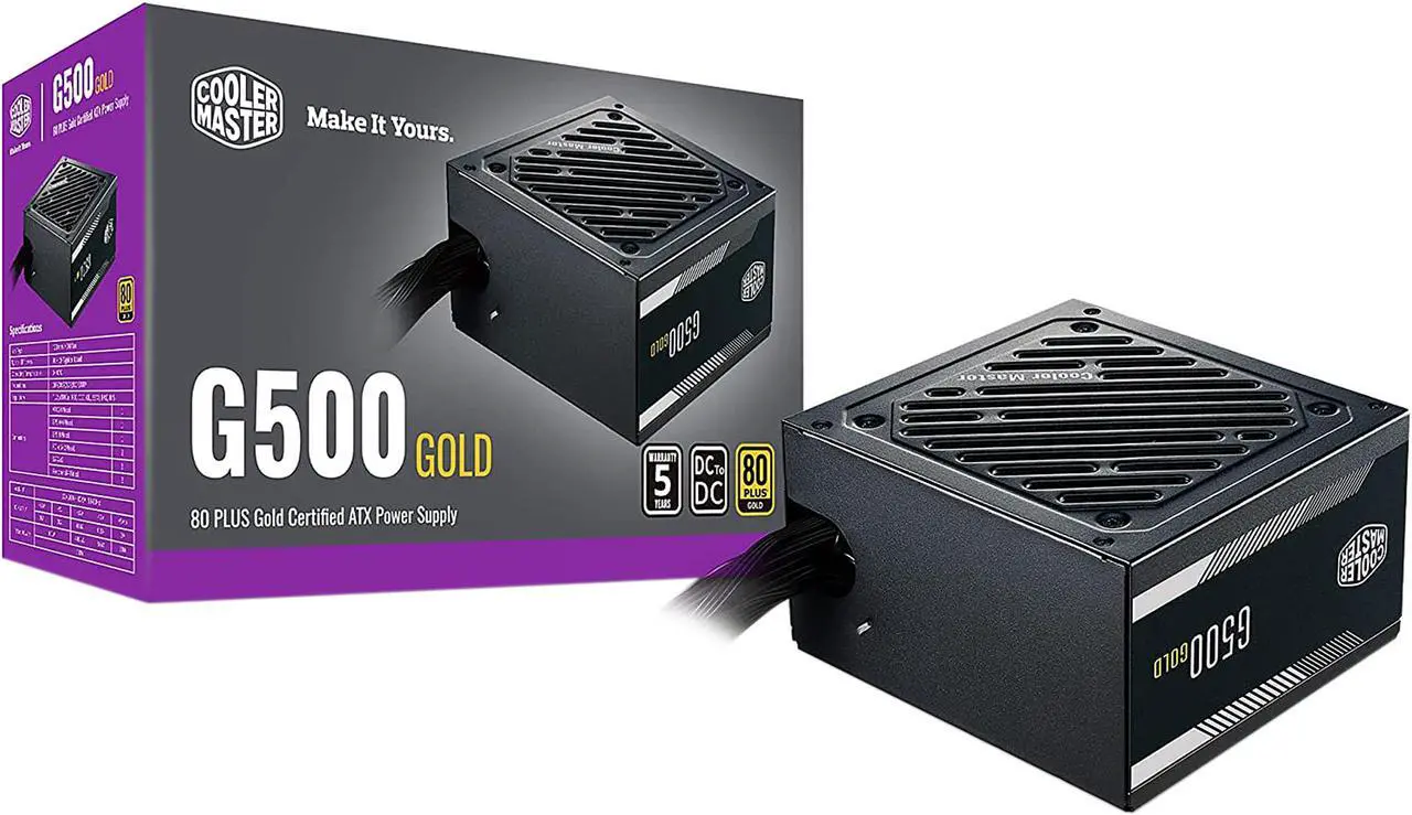 Main image of Cooler Master G500 Gold Power Supply, 500W 80+ Gold Efficiency, Intel ATX Version 2.52, Fixed Flat Black Cables. Quiet HDB Fan, 5 Year Warranty