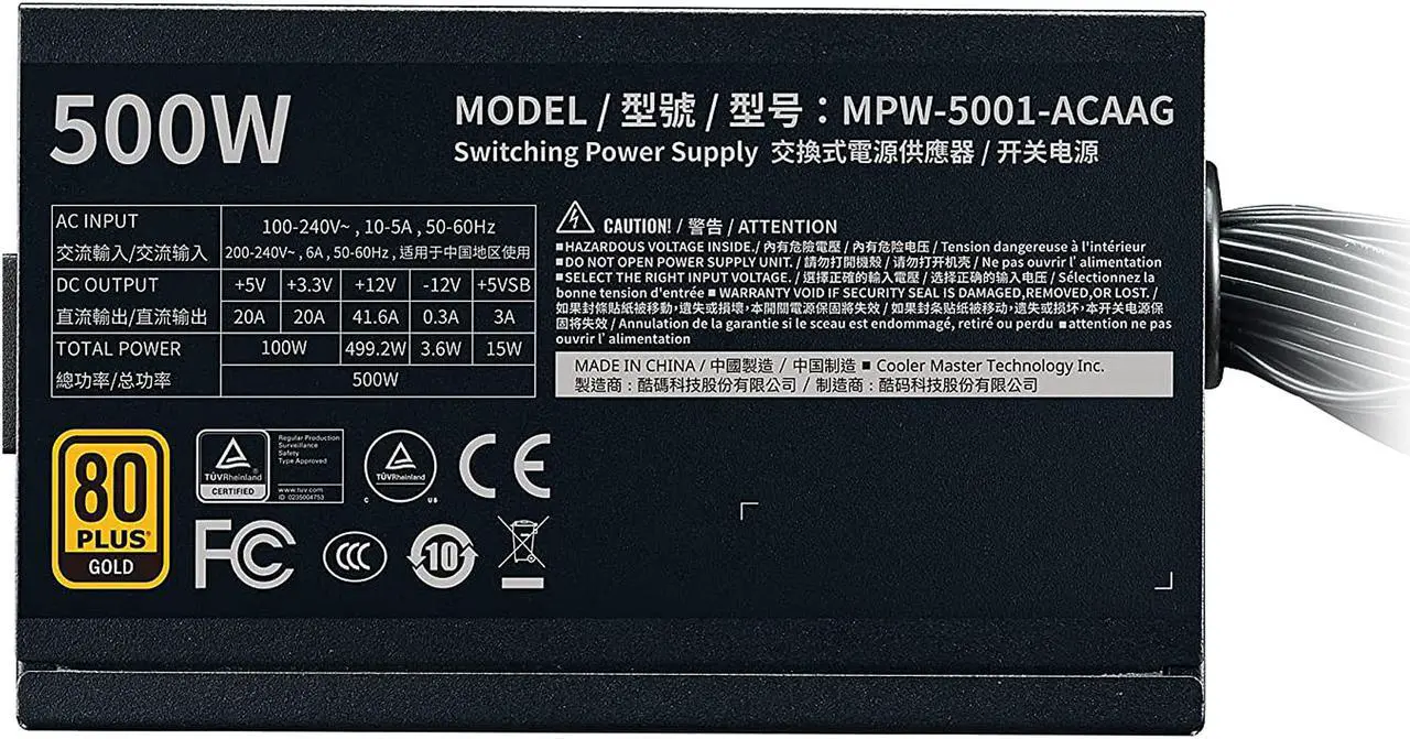 Alt view image 8 of 15 - Cooler Master G500 Gold Power Supply, 500W 80+ Gold Efficiency, Intel ATX Version 2.52, Fixed Flat Black Cables. Quiet HDB Fan, 5 Year Warranty