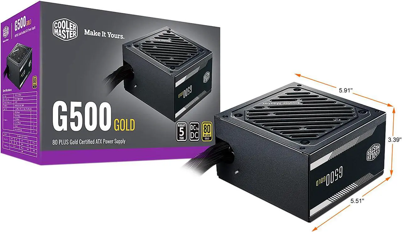 Alt view image 2 of 15 - Cooler Master G500 Gold Power Supply, 500W 80+ Gold Efficiency, Intel ATX Version 2.52, Fixed Flat Black Cables. Quiet HDB Fan, 5 Year Warranty