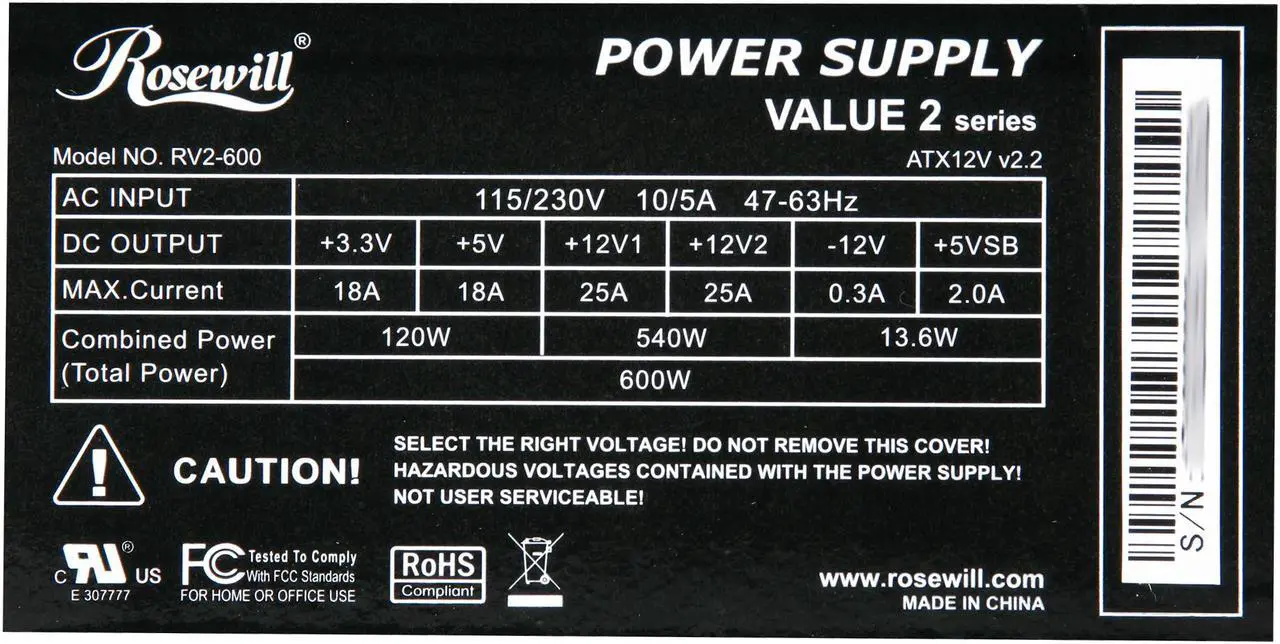 Alt view image 4 of 6 - Rosewill RV2-600 600 W ATX12V v2.2 / EPS12V SLI Ready Power Supply