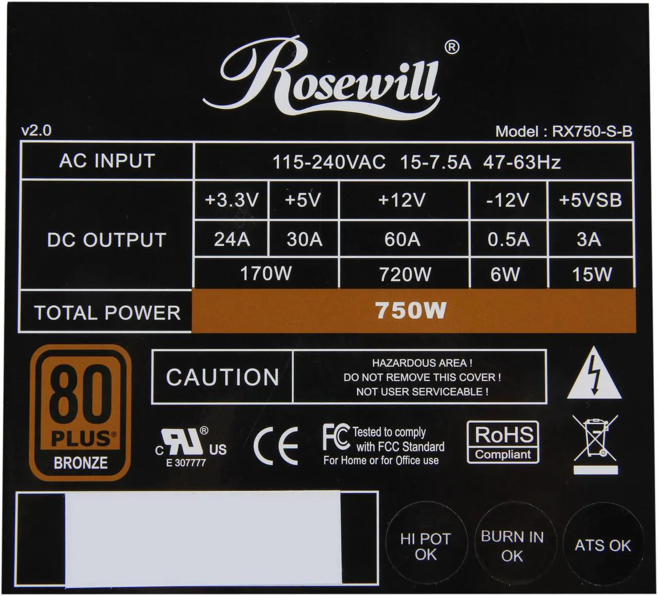 Alt view image 6 of 7 - Rosewill RX750-S-B - Xtreme Series 750-Watt Active PFC Power Supply - Continuous @ 104 Deg. F (40C), 80 PLUS Bronze, ATX 12V v2.2 & EPS 12V v2.91, SLI & CrossFire-Ready, Compatible with Core i7, i5