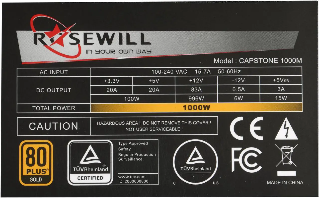 Alt view image 7 of 7 - Rosewill CAPSTONE Series, CAPSTONE-1000-M, 1000W Semi-Modular Power Supply, 80 PLUS GOLD Certified, Single +12V Rail, SLI & CrossFire Ready, Black