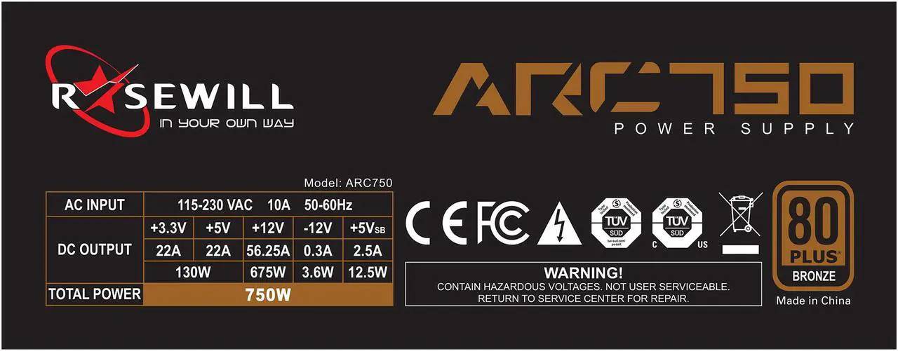 Alt view image 5 of 6 - Rosewill ARC Series, ARC 750, 750W Non-Modular Power Supply, 80 PLUS BRONZE Certified, Single +12V Rail, SLI & CrossFire Ready, Black
