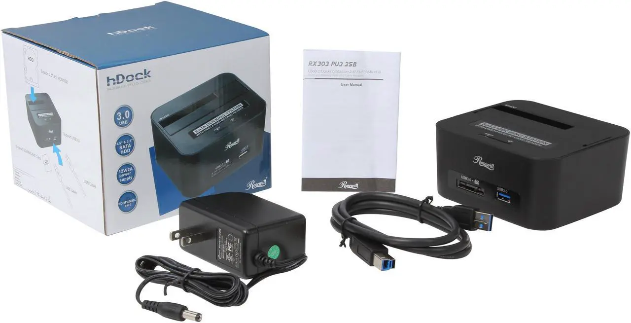Alt view image 8 of 7 - Rosewill SATA Docking Station with USB 3.0 Hub and SD Card Reader, 5Gbps Transfer Rate, Supports SATA I/II 2.5" 3.5" HDD - RX303-PU3-35B