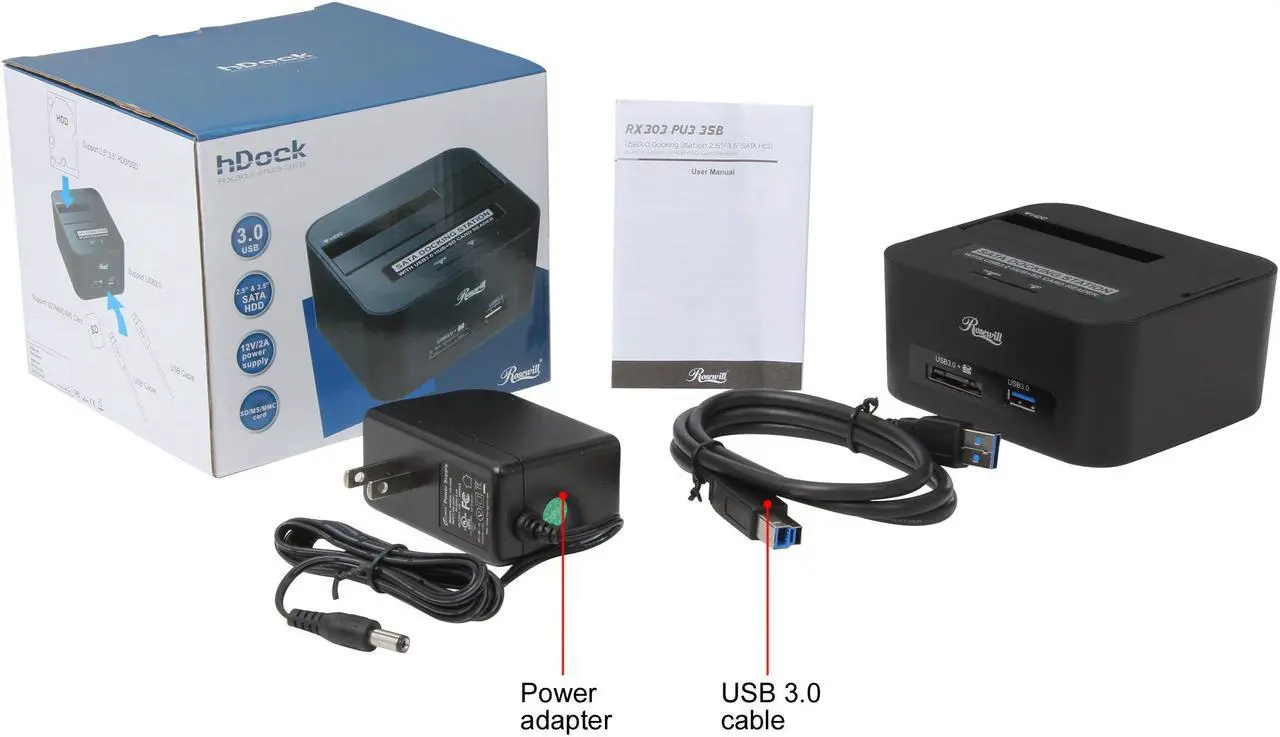 Alt view image 7 of 7 - Rosewill SATA Docking Station with USB 3.0 Hub and SD Card Reader, 5Gbps Transfer Rate, Supports SATA I/II 2.5" 3.5" HDD - RX303-PU3-35B