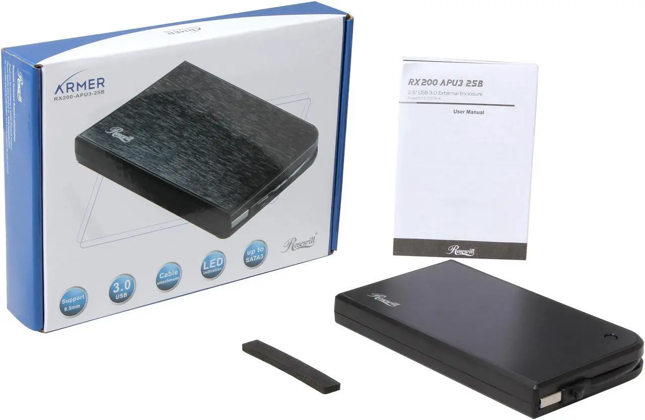 Alt view image 8 of 8 - Rosewill Armer RX200-APU3-25B External 2.5" SATA Hard Drive Enclosure - SSDs / HDDs, USB 3.0 Connection, 100% Screw-less