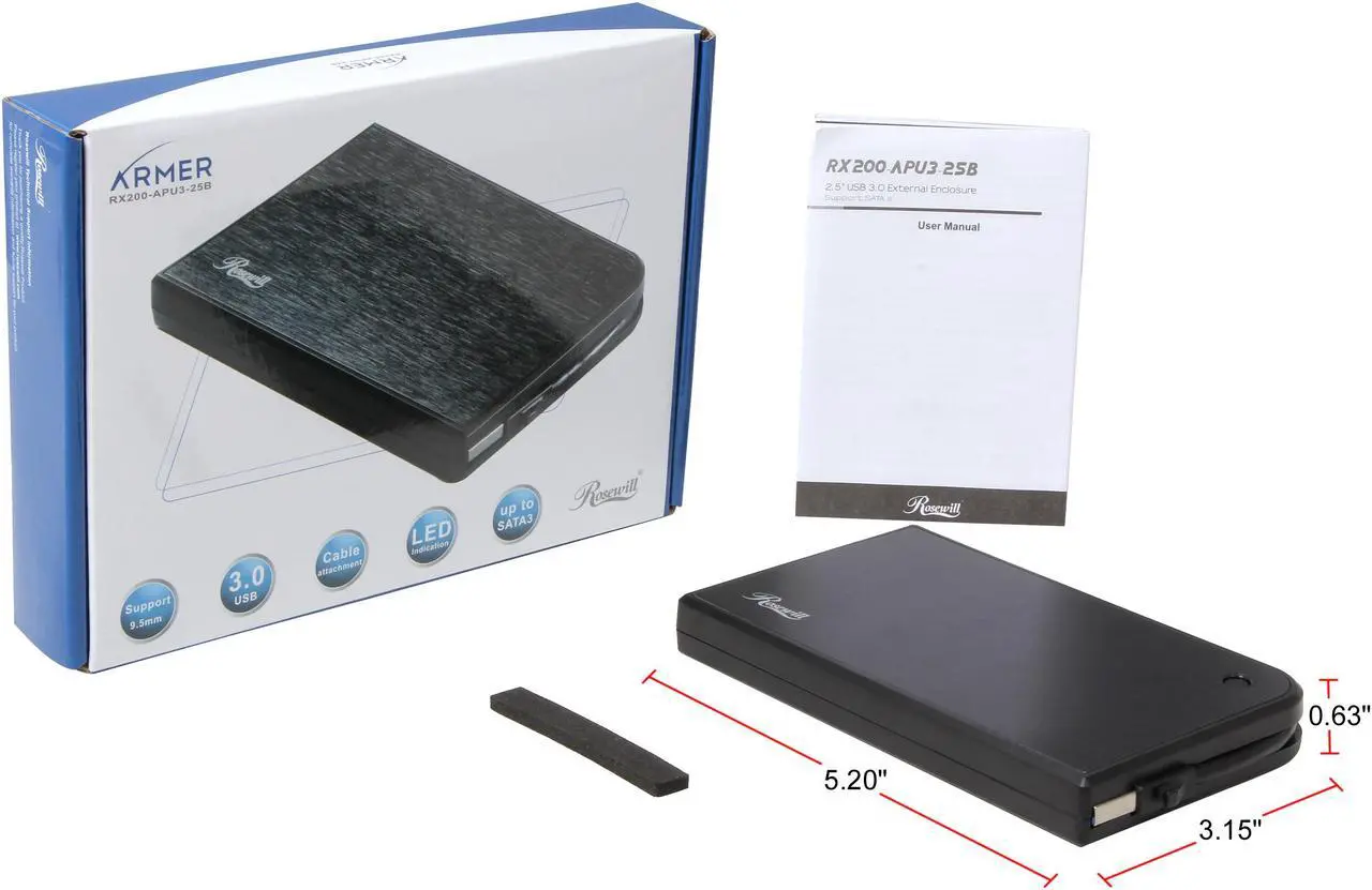Alt view image 9 of 8 - Rosewill Armer RX200-APU3-25B External 2.5" SATA Hard Drive Enclosure - SSDs / HDDs, USB 3.0 Connection, 100% Screw-less
