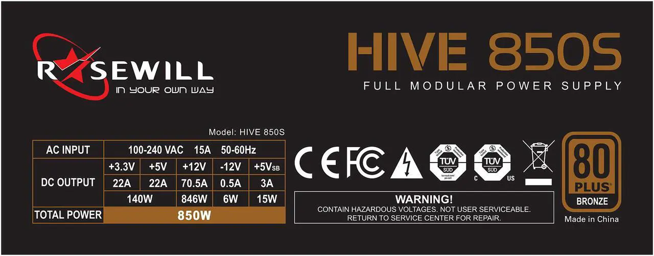 Alt view image 6 of 8 - Rosewill HIVE Series, HIVE-850S, 850W Fully Modular Power Supply, 80 PLUS BRONZE Certified, Single +12V Rail, SLI & CrossFire Ready, Black