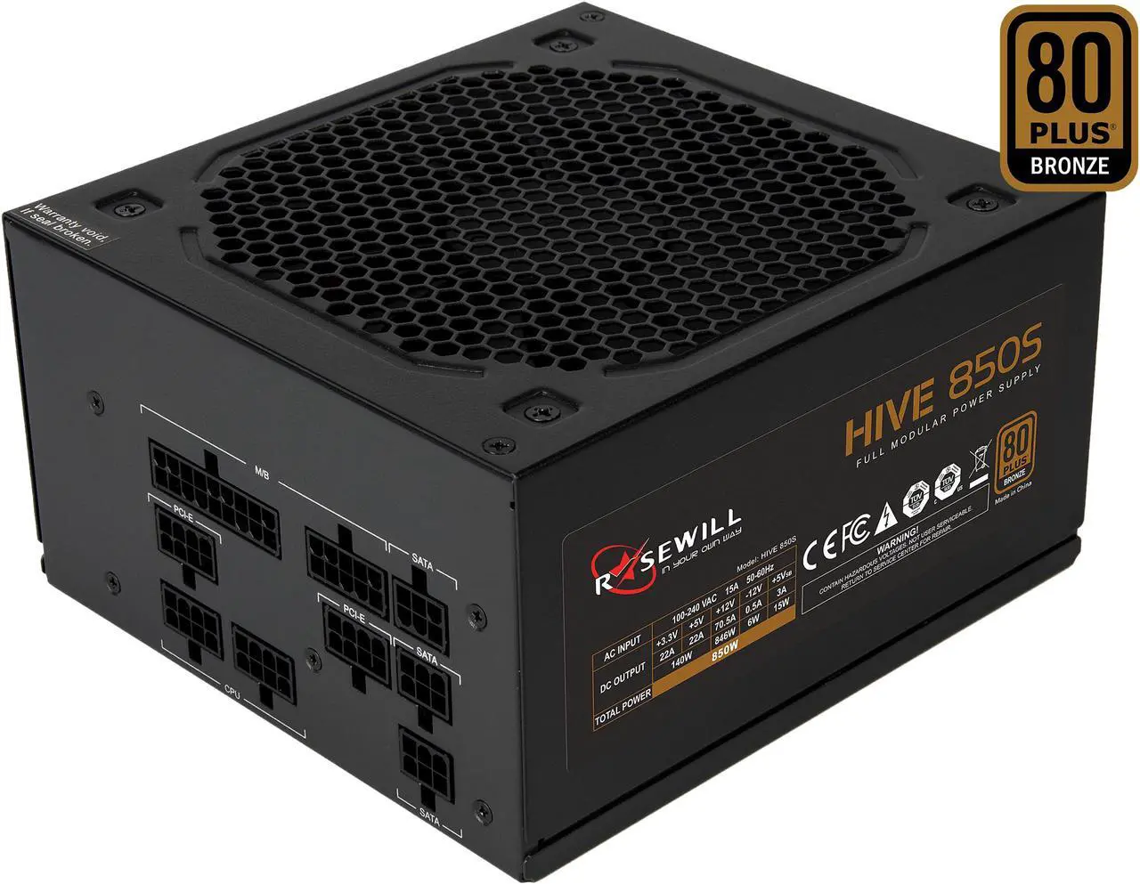 Main image of Rosewill HIVE Series, HIVE-850S, 850W Fully Modular Power Supply, 80 PLUS BRONZE Certified, Single +12V Rail, SLI & CrossFire Ready, Black