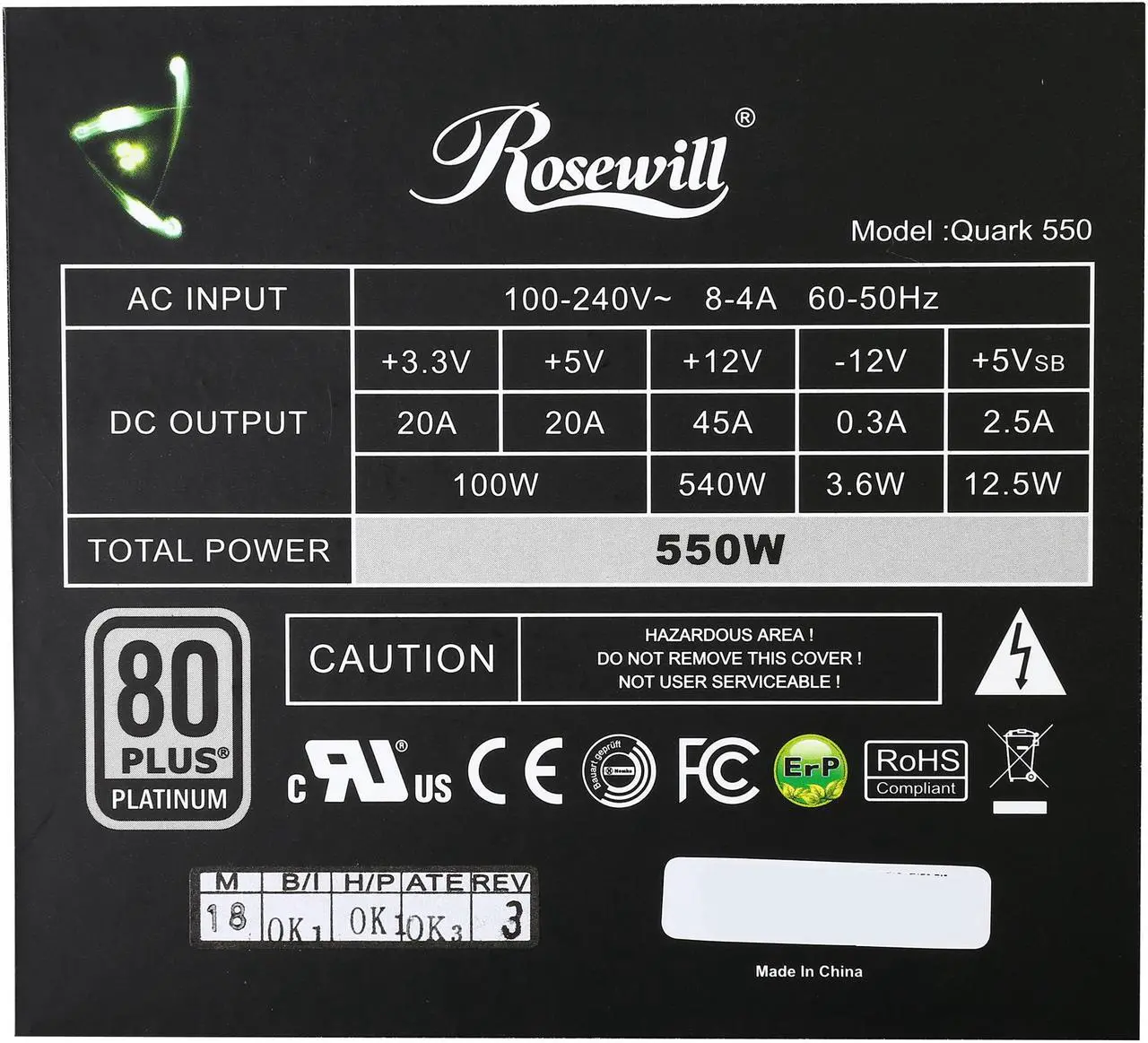 Alt view image 7 of 7 - Rosewill Quark Series 550W Full Modular Gaming Power Supply with LED Indicator, 80 Plus Platinum Certified, Single +12V Rail, Intel 4th Gen CPU Ready, SLI & Crossfire Ready - Quark-550