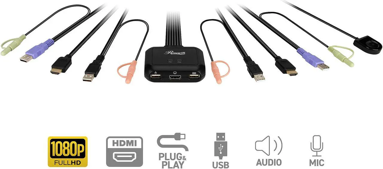 Alt view image 2 of 5 - Rosewill RKV-18003 2-Port USB HDMI KVM Switch with Audio, Built-In Cables and Remote Switch