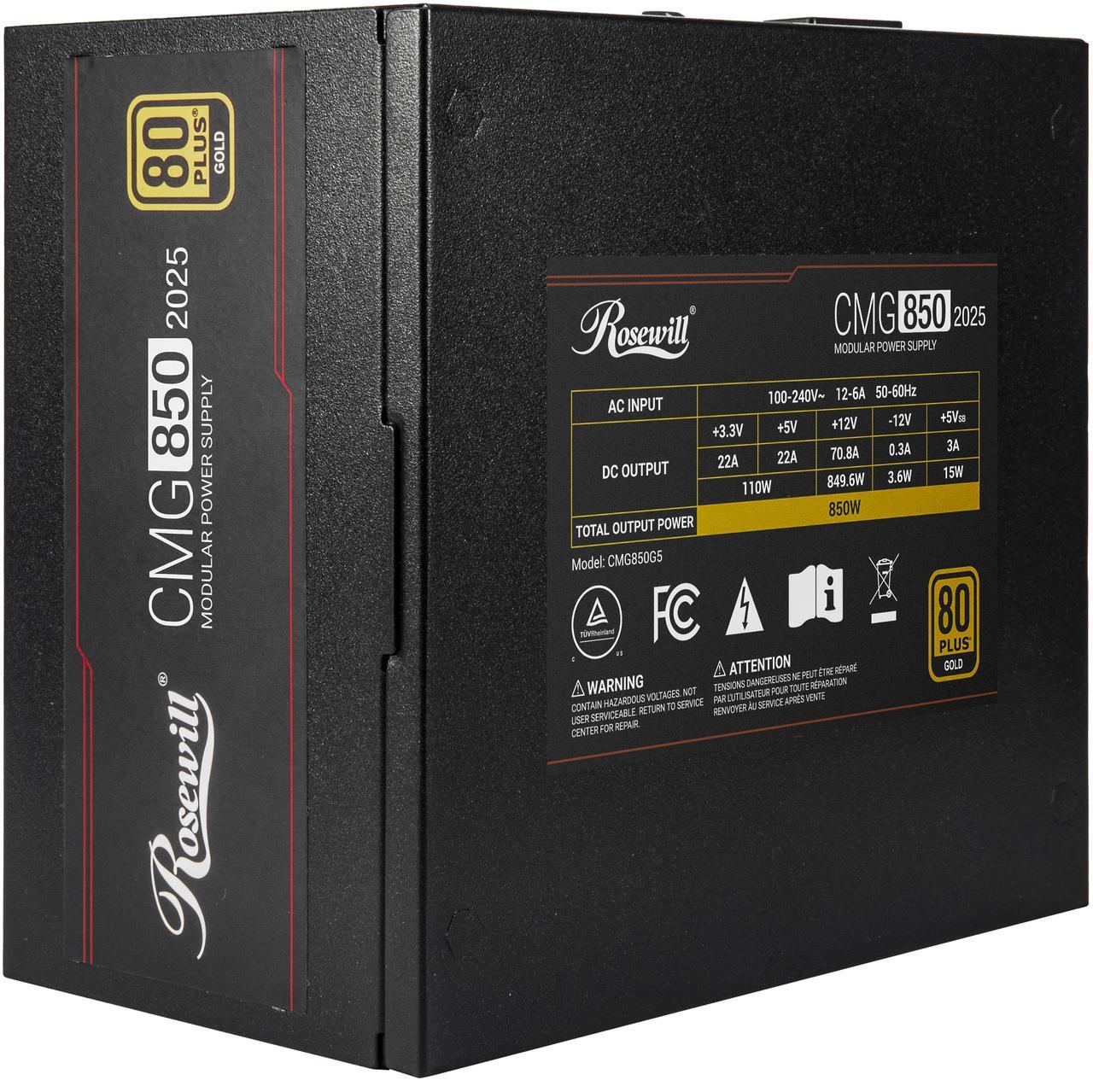 Alt view image 3 of 9 - Rosewill CMG 850W, ATX 3.0 & 3.1 Compatible, 80+ Gold 850W Full Modular Power Supply, PCIe 5.0 600W 12V-2x6 Connector, 100% Japanese Capacitors, 120mm FDB Fans - CMG850G5