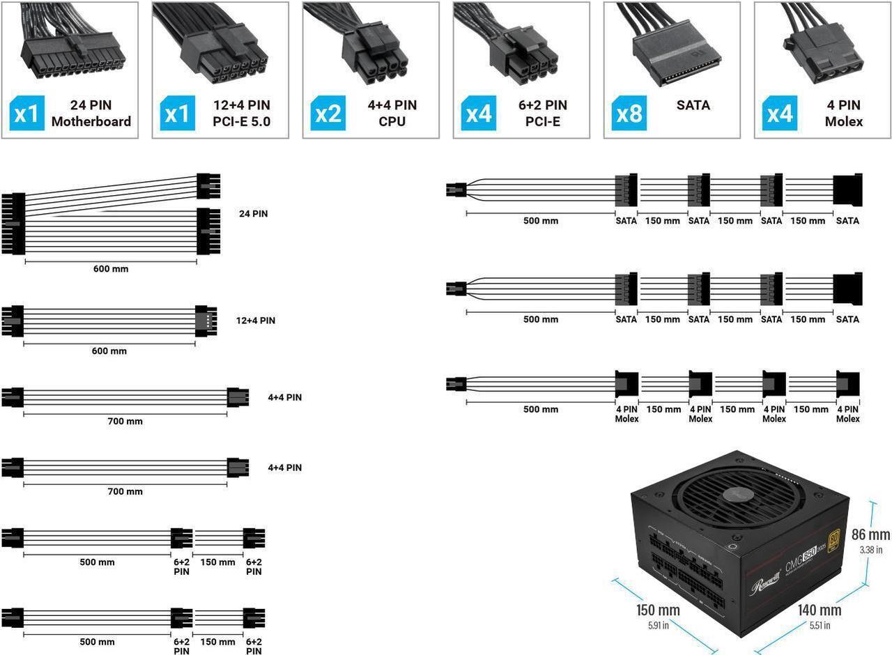 Alt view image 9 of 9 - Rosewill CMG 850W, ATX 3.0 & 3.1 Compatible, 80+ Gold 850W Full Modular Power Supply, PCIe 5.0 600W 12V-2x6 Connector, 100% Japanese Capacitors, 120mm FDB Fans - CMG850G5