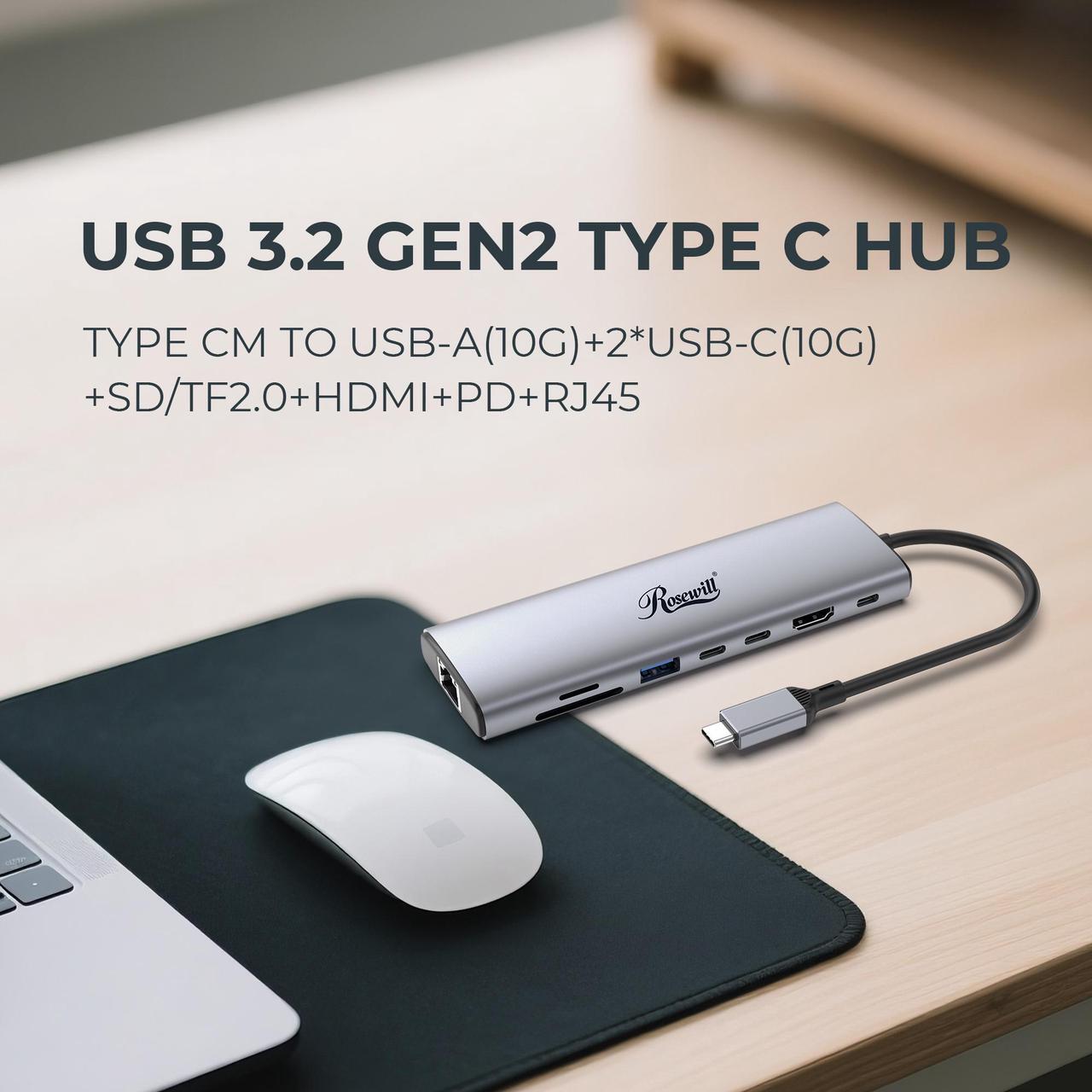 Alt view image 3 of 5 - Rosewill 8-in-1 USB-C Hub with 4K HDMI 2.0 Display, 10Gbps  USB-A Data Ports and for MacBook Pro, MacBook Air, Dell XPS, Lenovo Thinkpad, HP Laptops, RHUB-M8