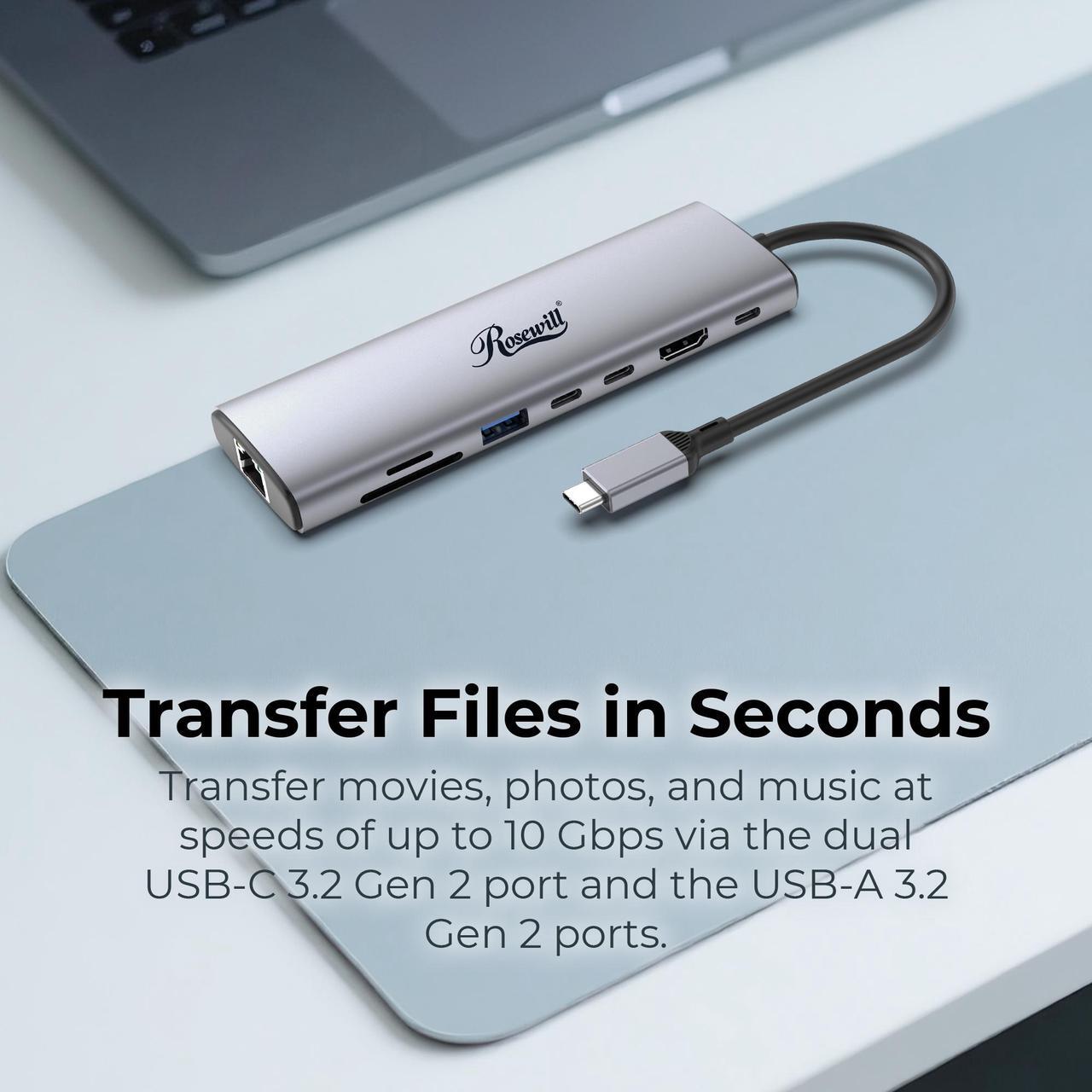 Alt view image 4 of 5 - Rosewill 8-in-1 USB-C Hub with 4K HDMI 2.0 Display, 10Gbps  USB-A Data Ports and for MacBook Pro, MacBook Air, Dell XPS, Lenovo Thinkpad, HP Laptops, RHUB-M8