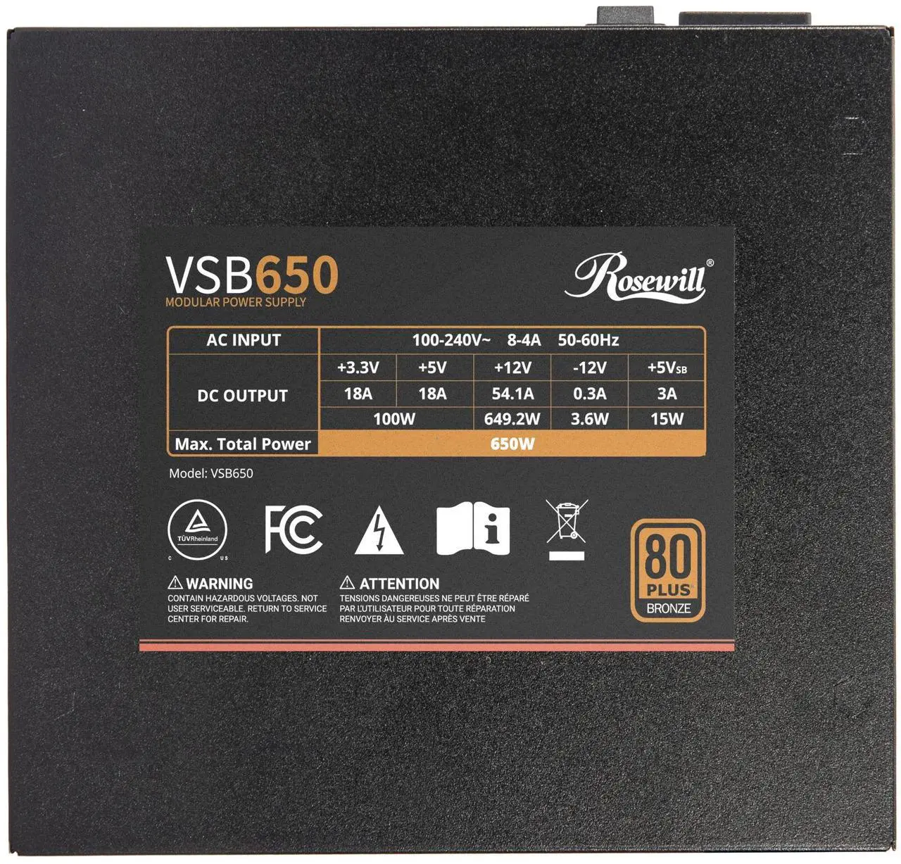 Alt view image 6 of 9 - Rosewill VSB 650W 80+ Bronze, ATX 3.0 & 3.1 Compatible, Semi-Modular Power Supply, PCIe 5.1 12V-2x6 Connector, 105°C/221°F Japanese Capacitor, 120mm ICB Silent Fan - 5 Year Warranty - VSB650