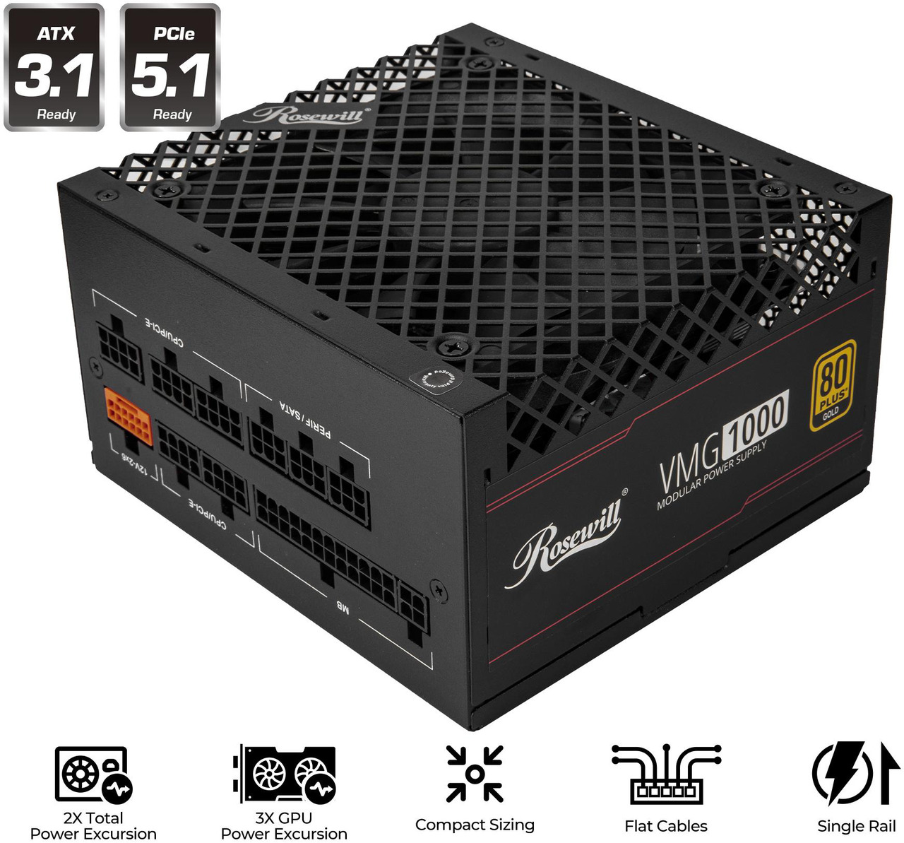 Open Box: Rosewill VMG 1000W 80+ Gold, ATX 3.0 & 3.1 Compatible, Full Modular Low-Noise Power Supply, PCIe 5.1 12V-2x6 Connector, 100% Japanese Capacitor, 120mm FDB Silent Fan - 5 Year Warranty - VMG1000 - Newegg.com - Open Box condition - Image 11