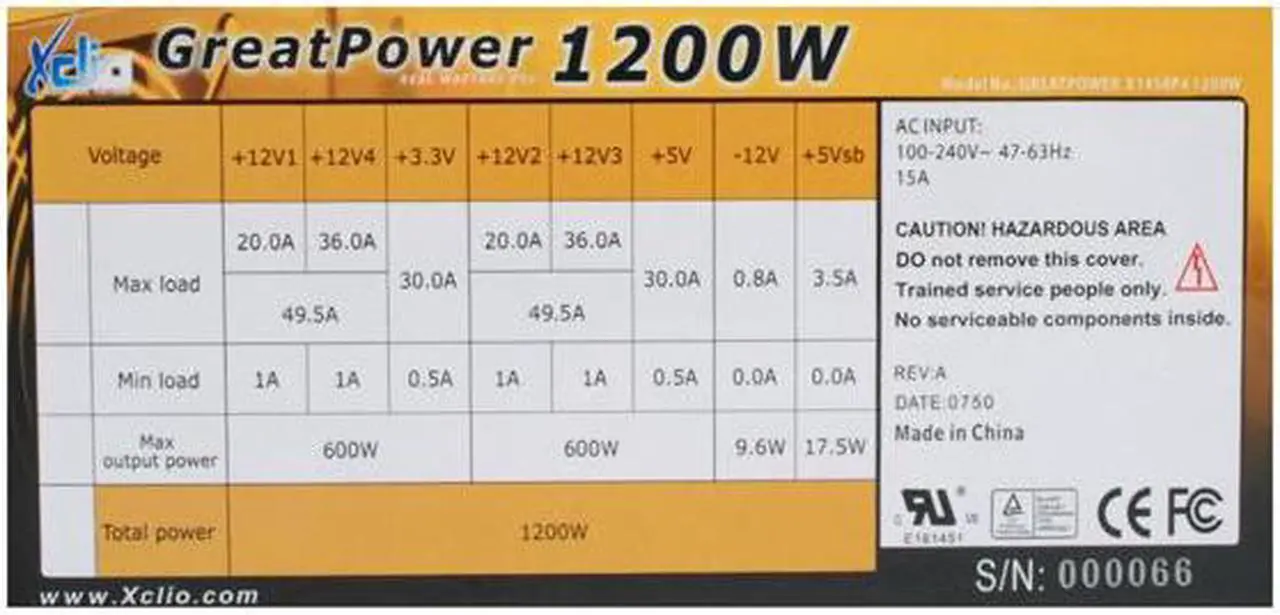 Alt view image 5 of 11 - XCLIO GREATPOWER 1200 W ATX12V / EPS12V CrossFire Ready 80 PLUS Certified Modular Active PFC Power Supply