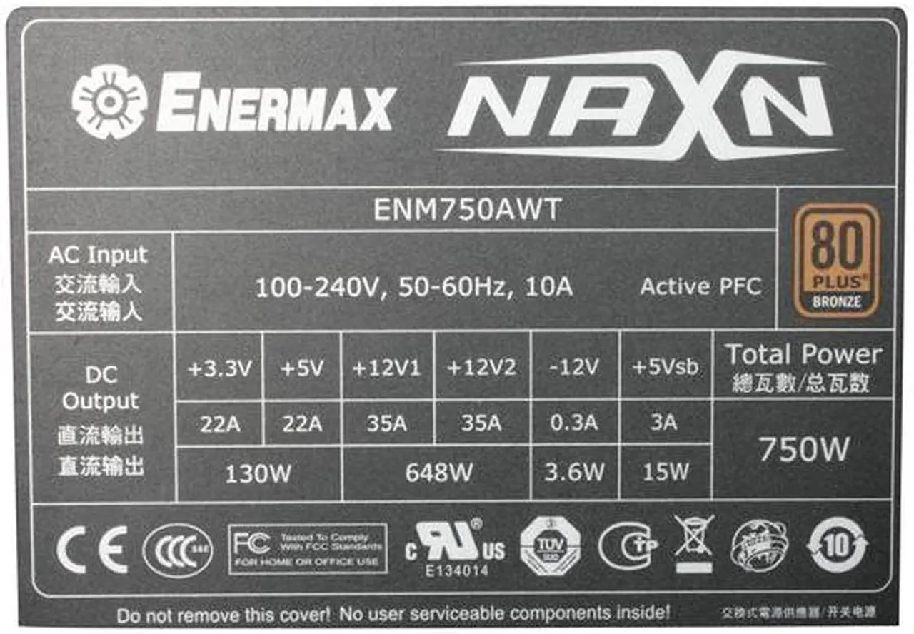 Alt view image 5 of 7 - ENERMAX NAXN 82+ ENM750AWT 750 W ATX12V v2.3 SLI Ready CrossFire Ready 80 PLUS BRONZE Certified Modular Active PFC Power Supply