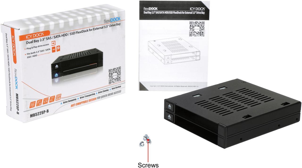 Alt view image 7 of 6 - ICY DOCK Dual Bay 2.5 to 3.5 SATA / SAS SSD/ HDD Trayless Hot-swap Dock / Mobile Rack For 3.5 Drive Bay - flexiDOCK MB522SP-B