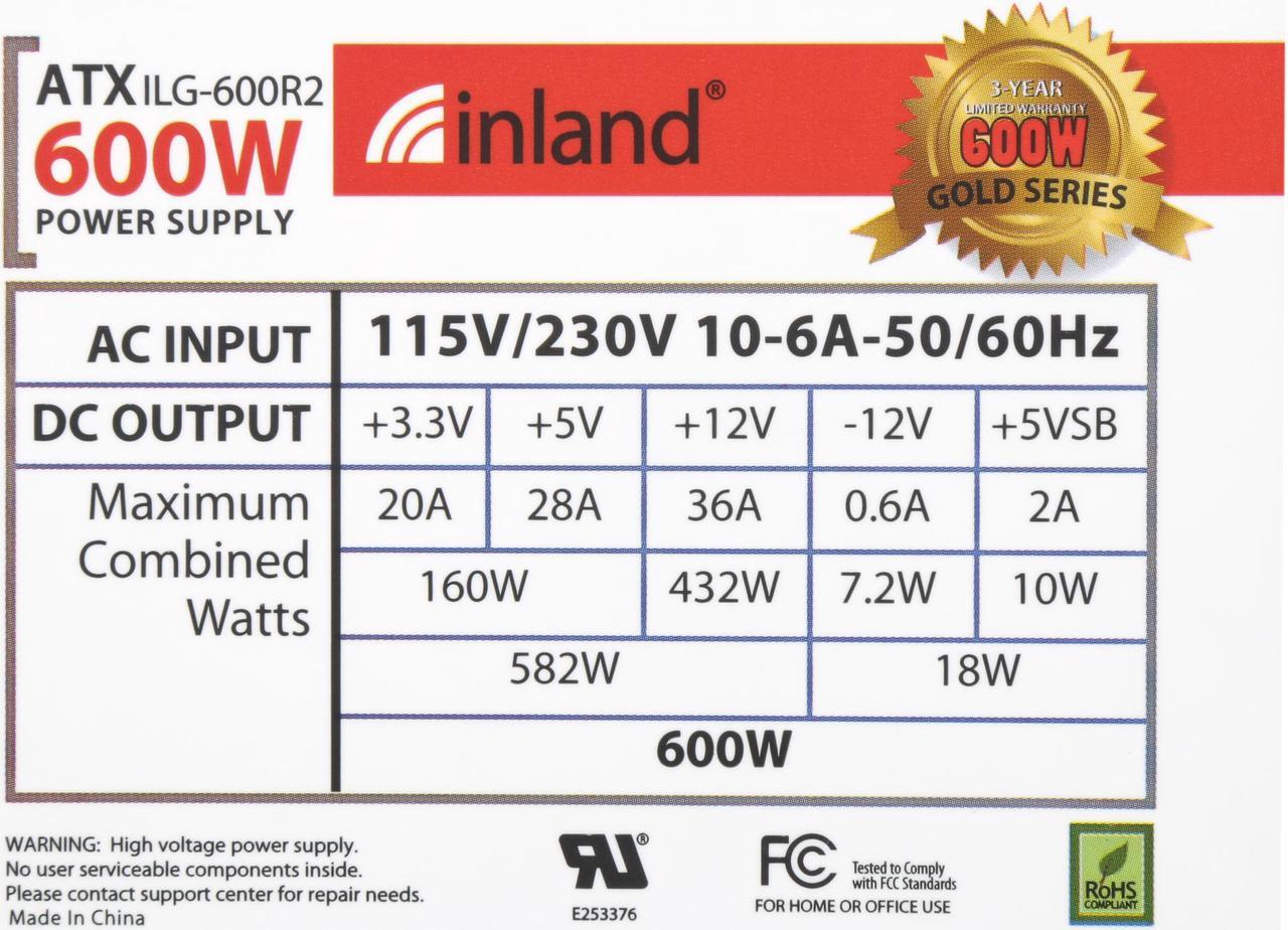 Alt view image 7 of 7 - INLAND Gold Series ILG-600R2 600 W ATX 12V v2.3 Power Supply