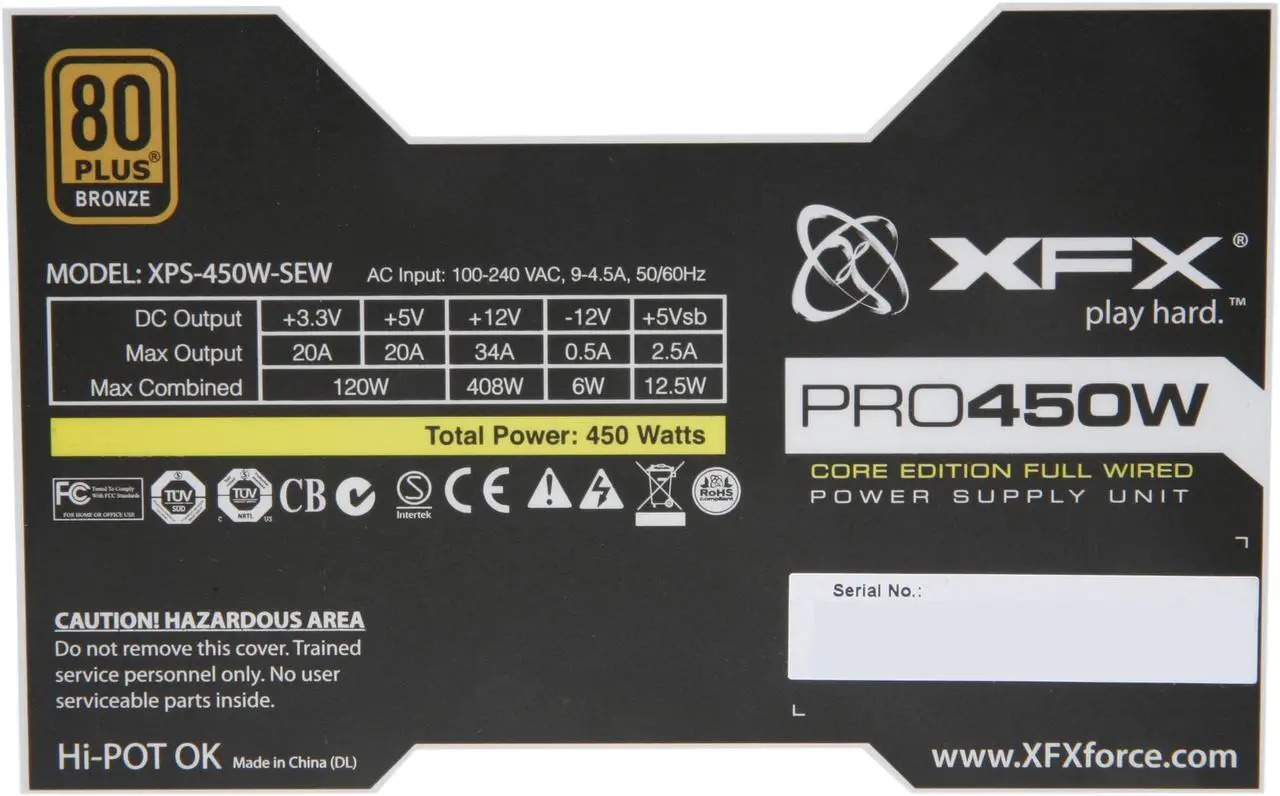Alt view image 5 of 7 - XFX ProSeries P1-450S-X2B9 450 W ATX12V / EPS12V SLI Ready CrossFire Ready 80 PLUS BRONZE Certified Active PFC Core Edition V2 Full Wired Power Supply