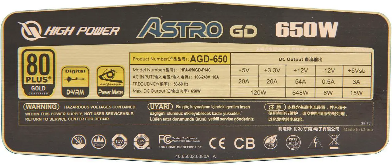 Alt view image 5 of 7 - HighPower Astro GD 650W, Digital, 80+ Gold, Single +12 Rails, SLI/Cross Fire ready, Module, Active PFC Power Supply