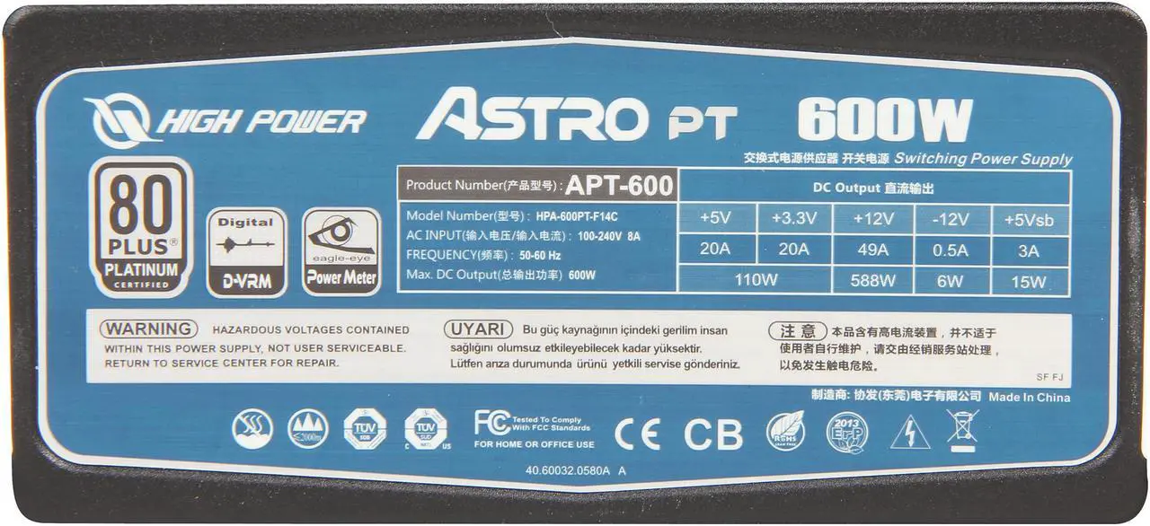Alt view image 5 of 7 - HighPower Astro PT 600W, Digital, 80+ Platinum, Single +12 Rails, SLI/Cross Fire ready, Module, Active PFC Power Supply