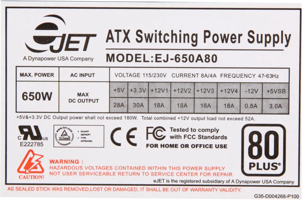 Alt view image 5 of 7 - DYNAPOWER USA EJ-650A80P 20+4Pin 650W Single Active PFC 80PLUS Certified Server Power Supply