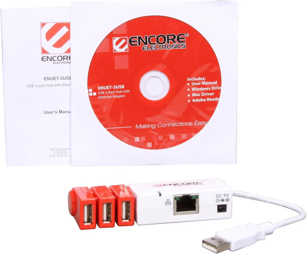 Alt view image 4 of 5 - ENCORE ENUET-3USB 3-Port USB2.0 Hub with Ethernet Adapter