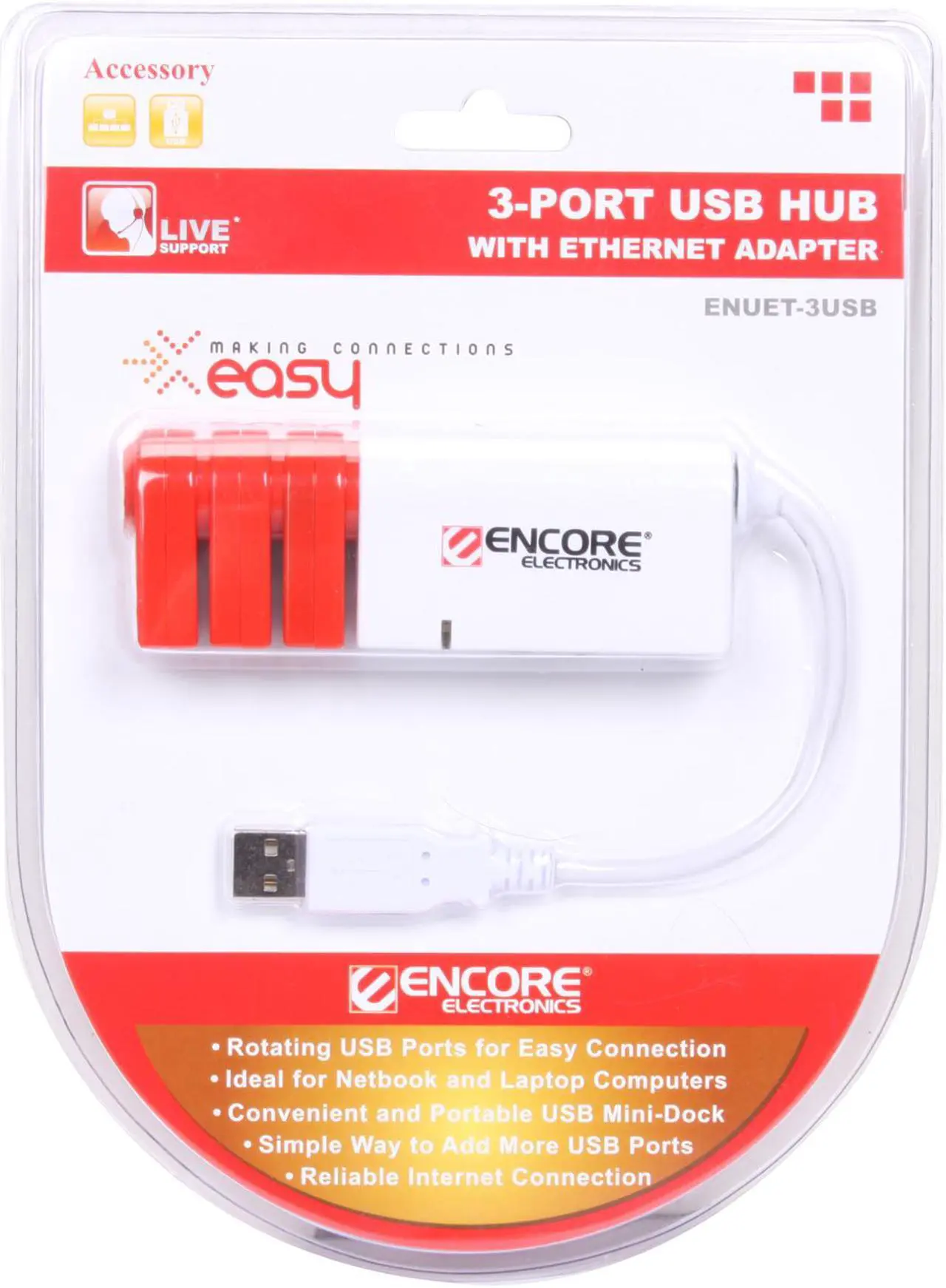 Alt view image 5 of 5 - ENCORE ENUET-3USB 3-Port USB2.0 Hub with Ethernet Adapter