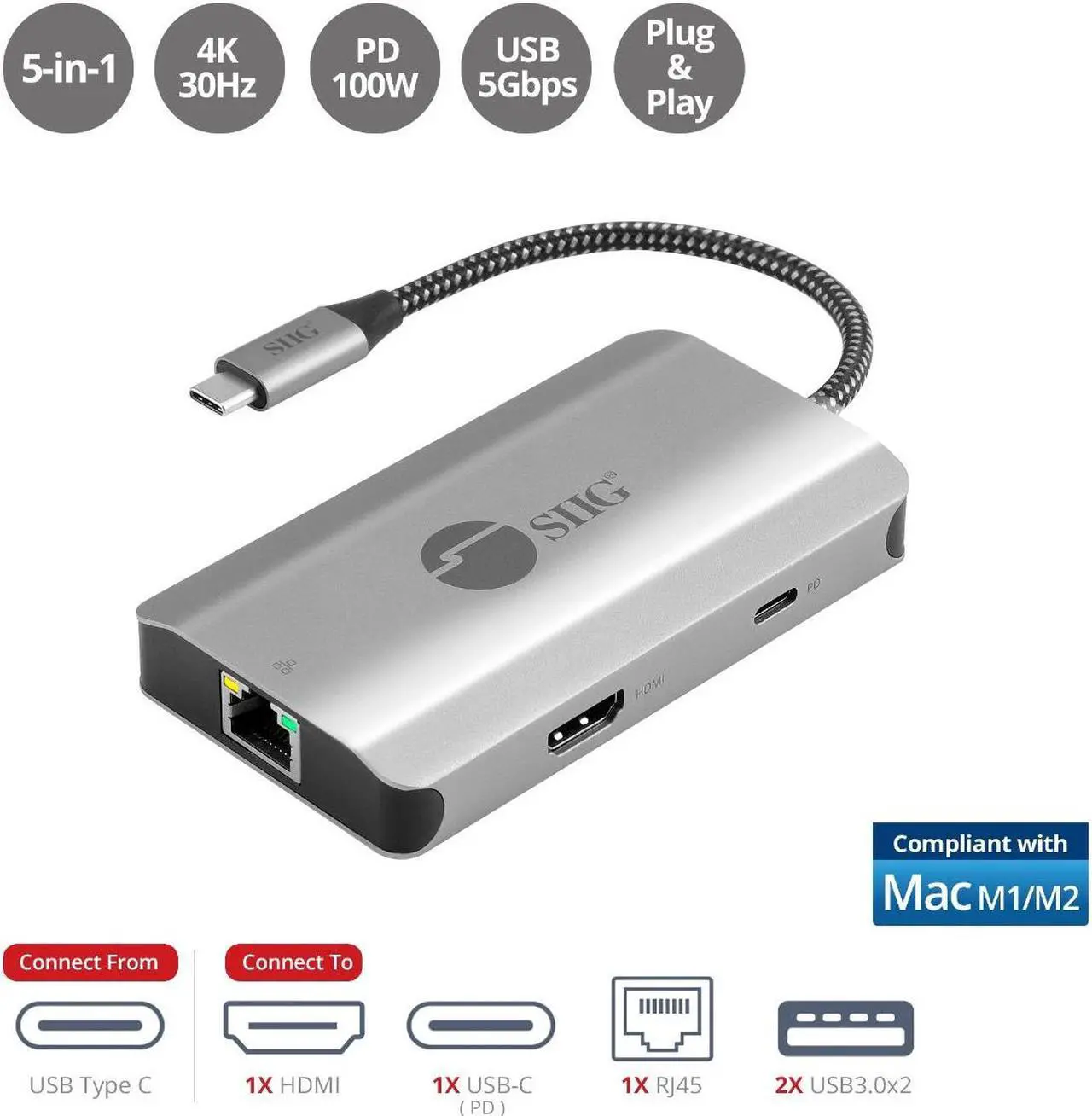 Alt view image 2 of 6 - SIIG USB-C to HDMI with LAN Hub & PD Charging Adapter - HDMI 4K@30Hz, two USB-A 5Gbps, GbE, PD100W - Space Gray JU-H30L11-S1