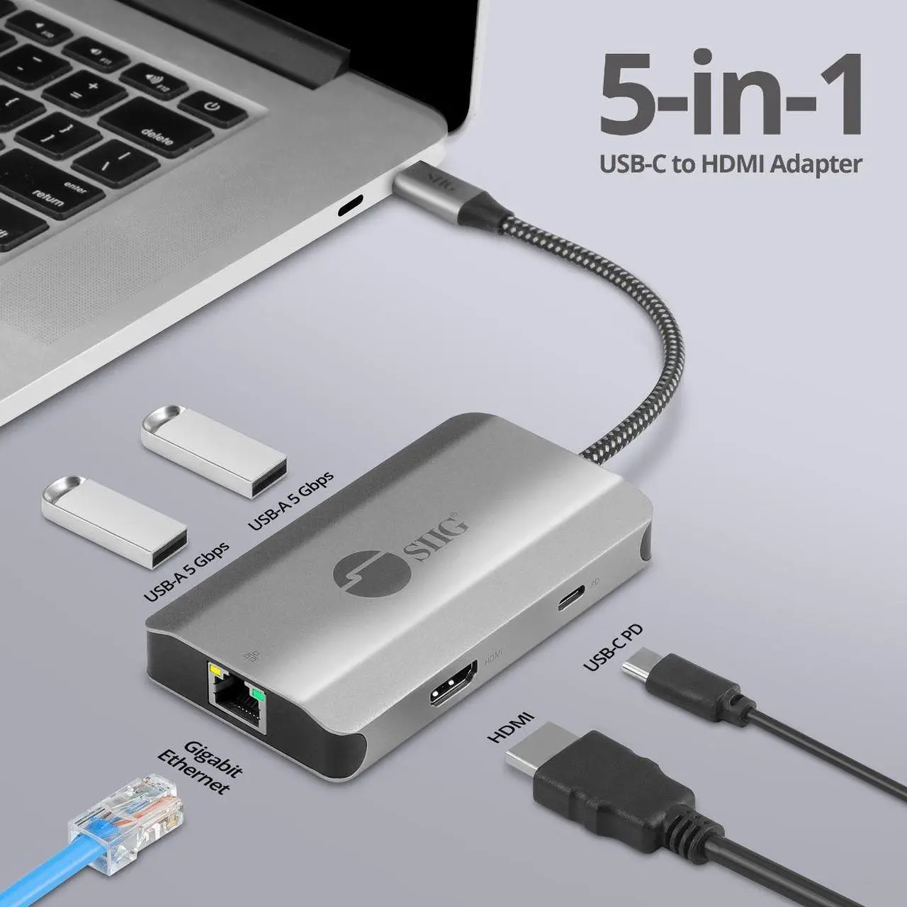 Alt view image 3 of 6 - SIIG USB-C to HDMI with LAN Hub & PD Charging Adapter - HDMI 4K@30Hz, two USB-A 5Gbps, GbE, PD100W - Space Gray JU-H30L11-S1