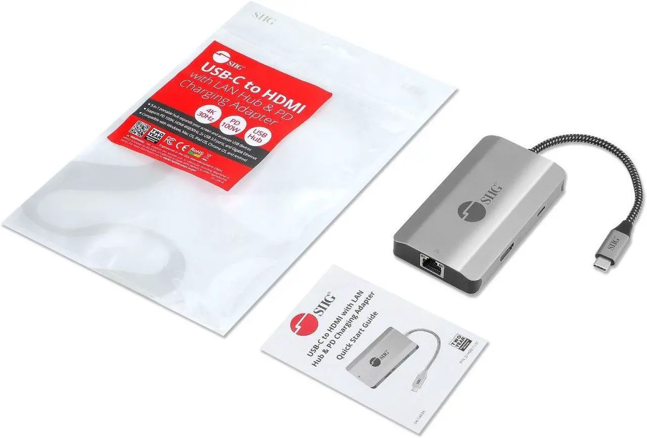 Alt view image 4 of 6 - SIIG USB-C to HDMI with LAN Hub & PD Charging Adapter - HDMI 4K@30Hz, two USB-A 5Gbps, GbE, PD100W - Space Gray JU-H30L11-S1