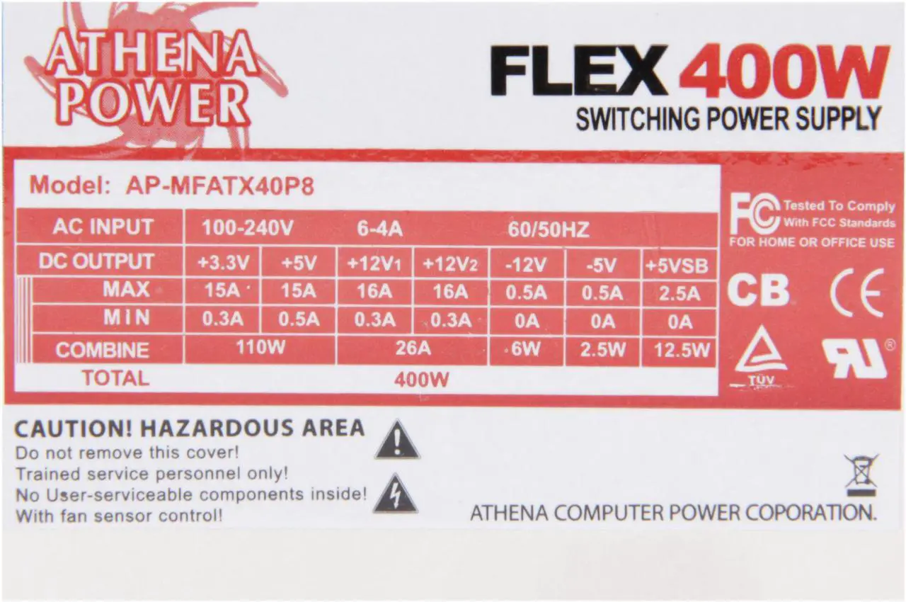 Alt view image 5 of 6 - Athena Power AP-MFATX40P8 20+4Pin 400W Single Server Power Supply 80+ Bronze Certified