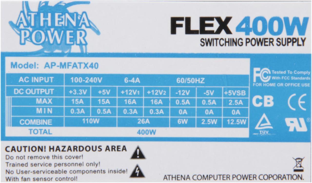 Alt view image 5 of 6 - Athena Power AP-MFATX40 400 W Mini ITX 80 PLUS BRONZE Certified Active PFC Power Supply