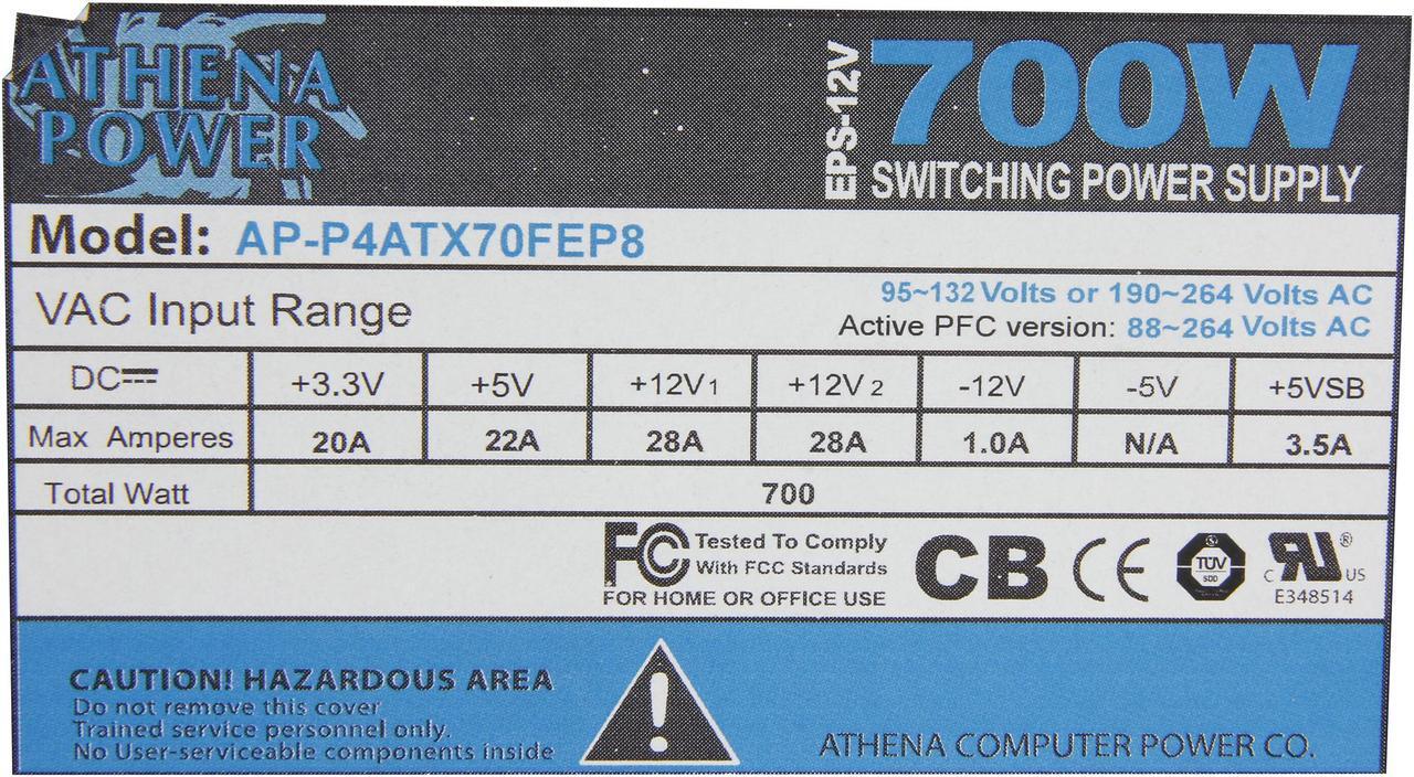 Alt view image 4 of 6 - Athena Power AP-P4ATX70FEP8 20+4Pin 700W Single Server Power Supply - 80 PLUS Bronze