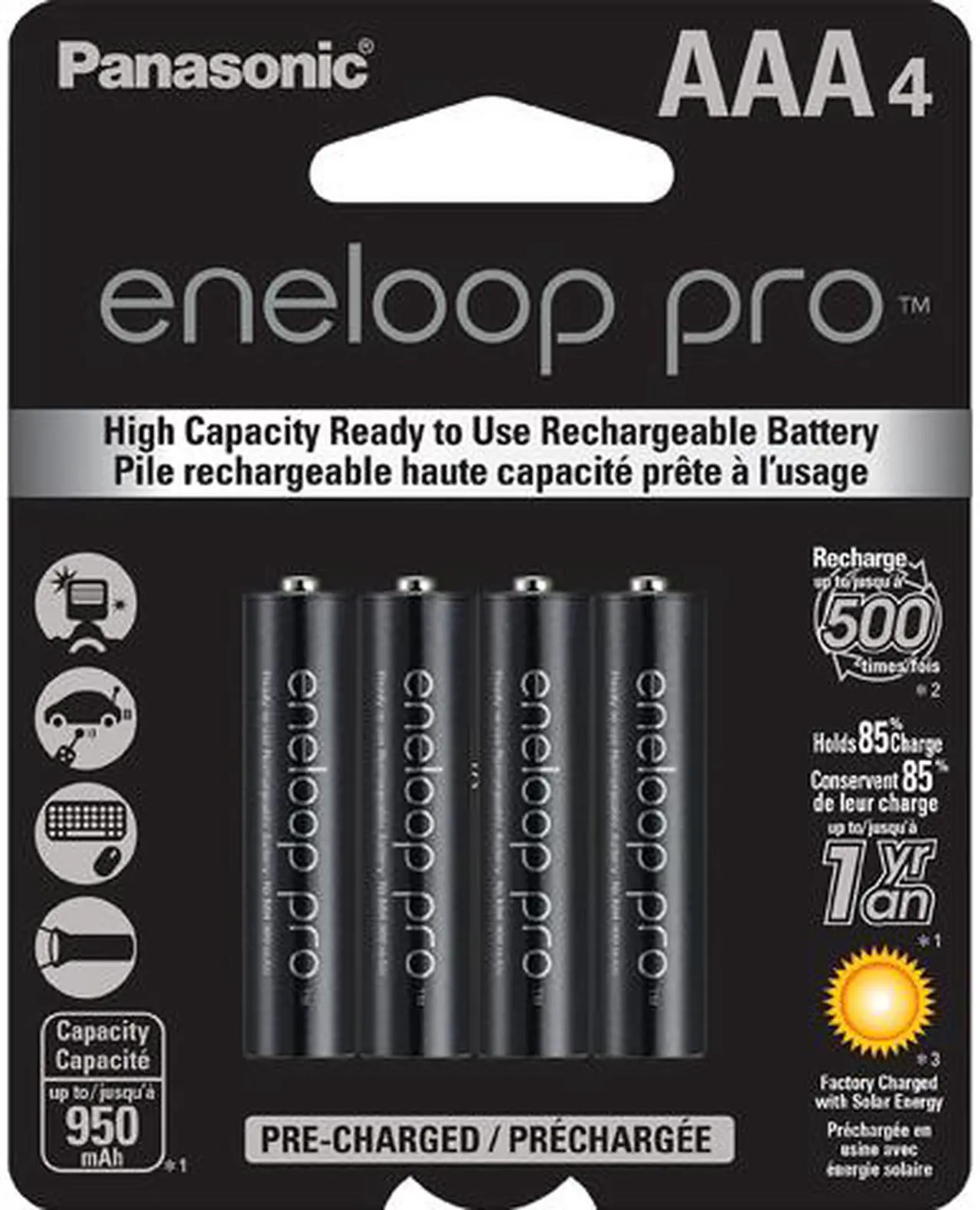 Main image of Panasonic Eneloop Pro AAA 950mAh 500 Cycle New High Capacity Ni-MH Pre-Charged Rechargeable Batteries 4 Pack