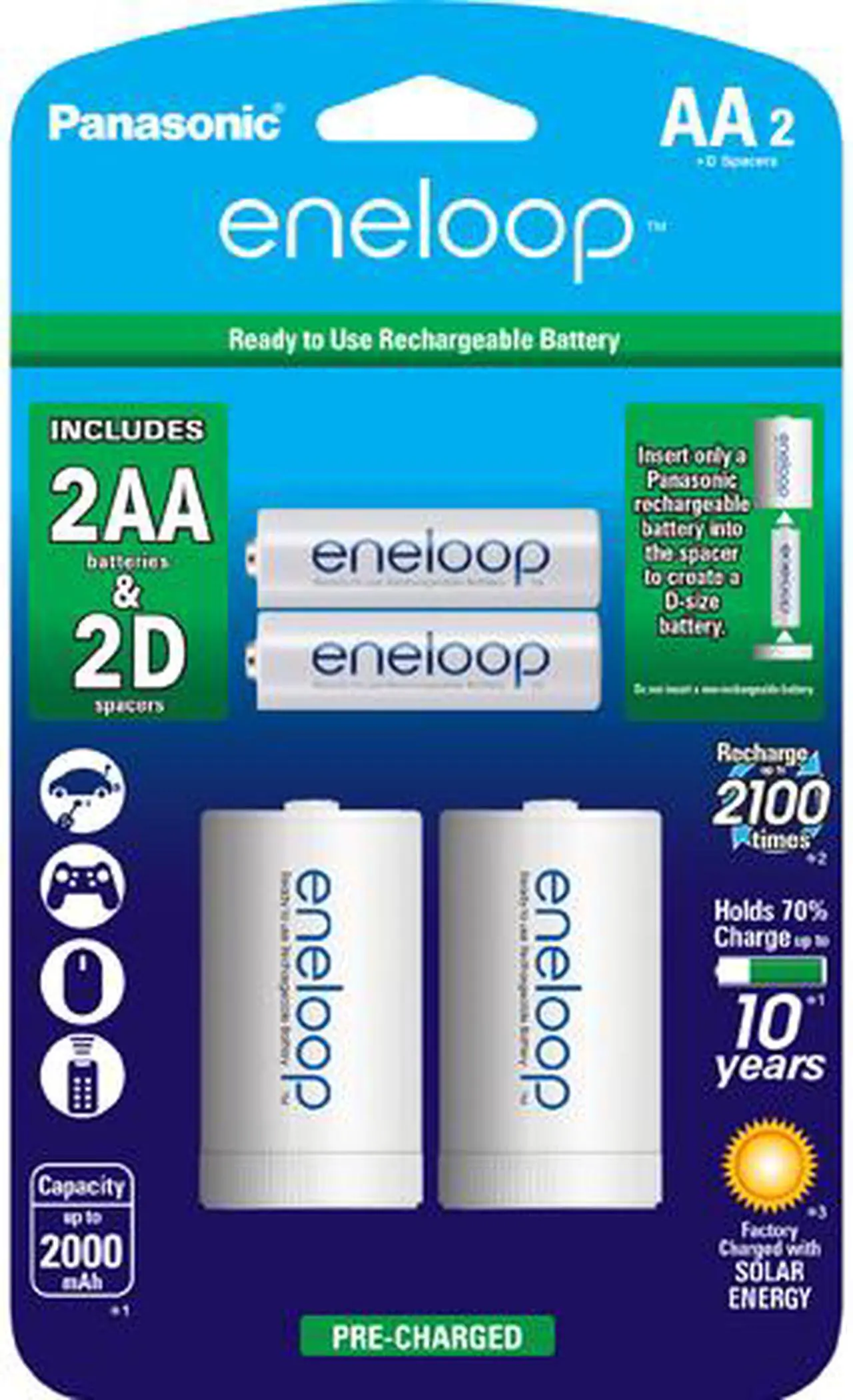 Main image of Panasonic K-KJS1MCA2BA eneloop 2-pack AA Rechargeable Batteries + 2 "D" Spacer Kit