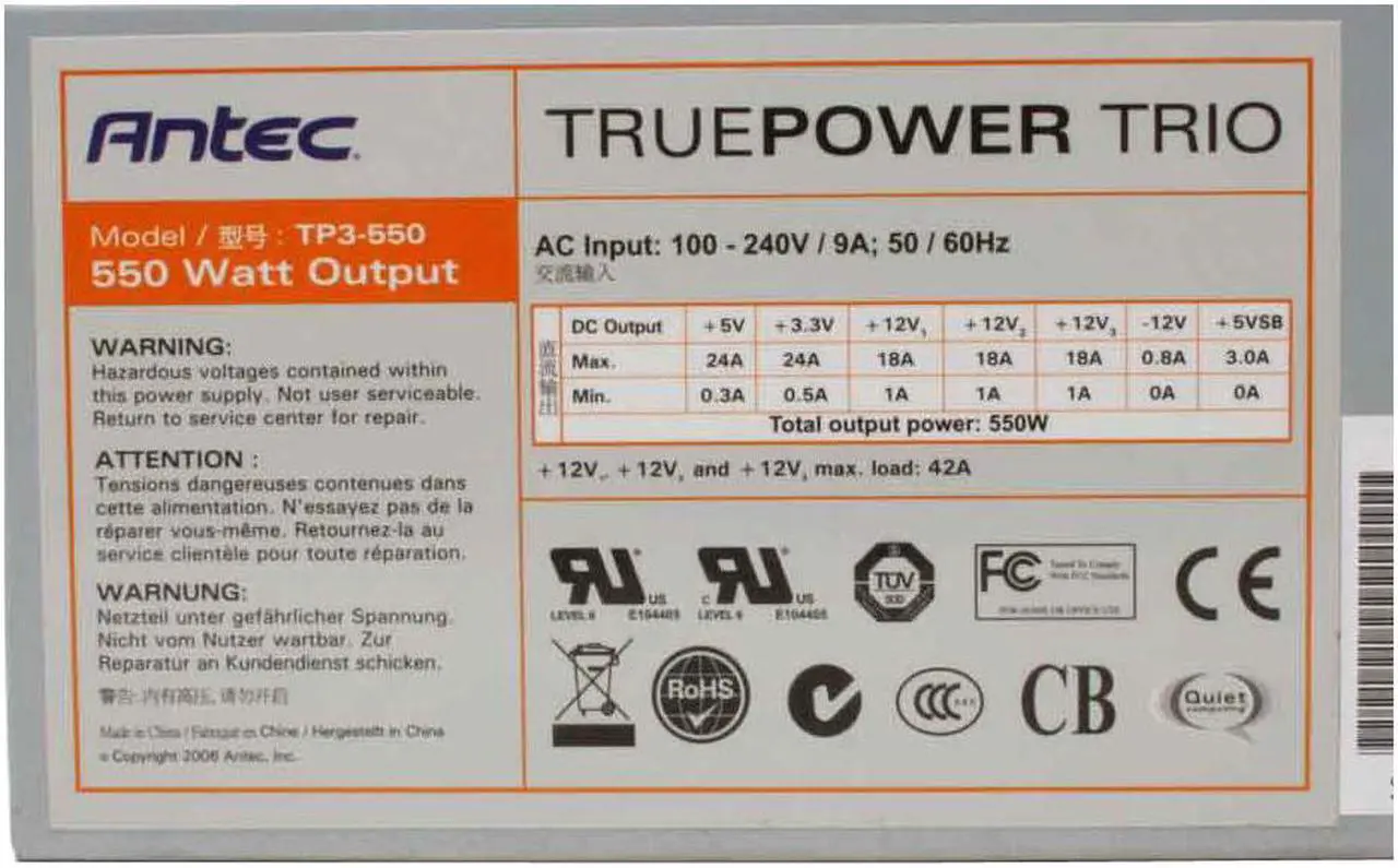 Alt view image 3 of 8 - Antec True Power Trio TP3-550 550 W ATX12V SLI Certified CrossFire Ready Active PFC Power Supply with Three 12V Rails