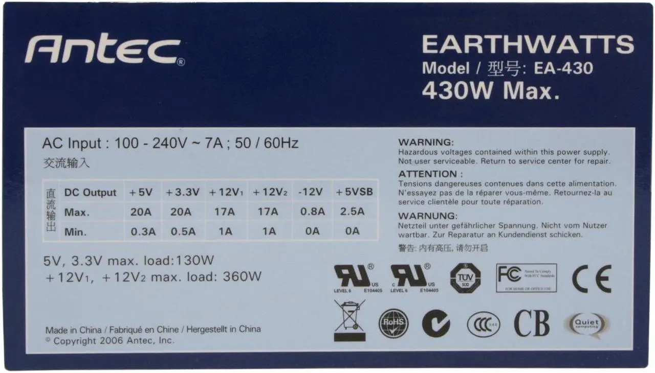 Alt view image 3 of 7 - Antec earthwatts EA430 430W Continuous Power ATX12V v2.0 80 PLUS Certified Active PFC Power Supply
