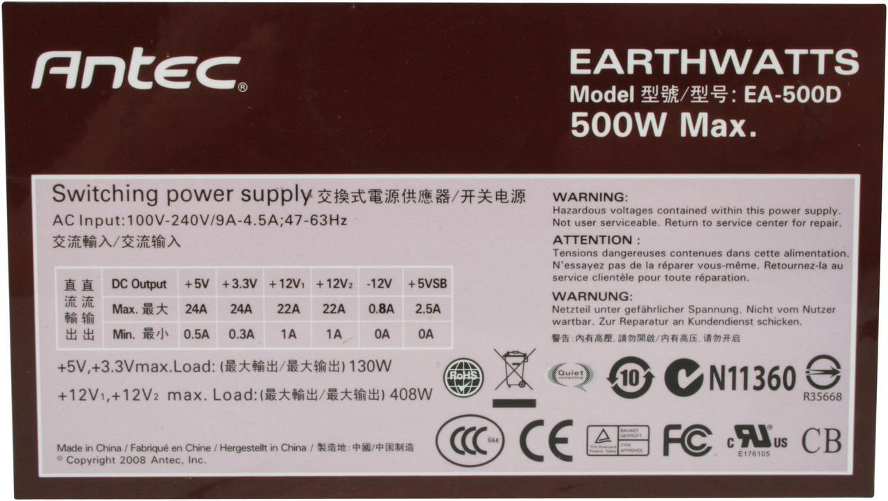 Alt view image 4 of 6 - Antec earthwatts EA500 500W Continuous Power ATX12V v2.2 80 PLUS Certified  Active PFC "Compatible with Core i7/Core i5" Power Supply