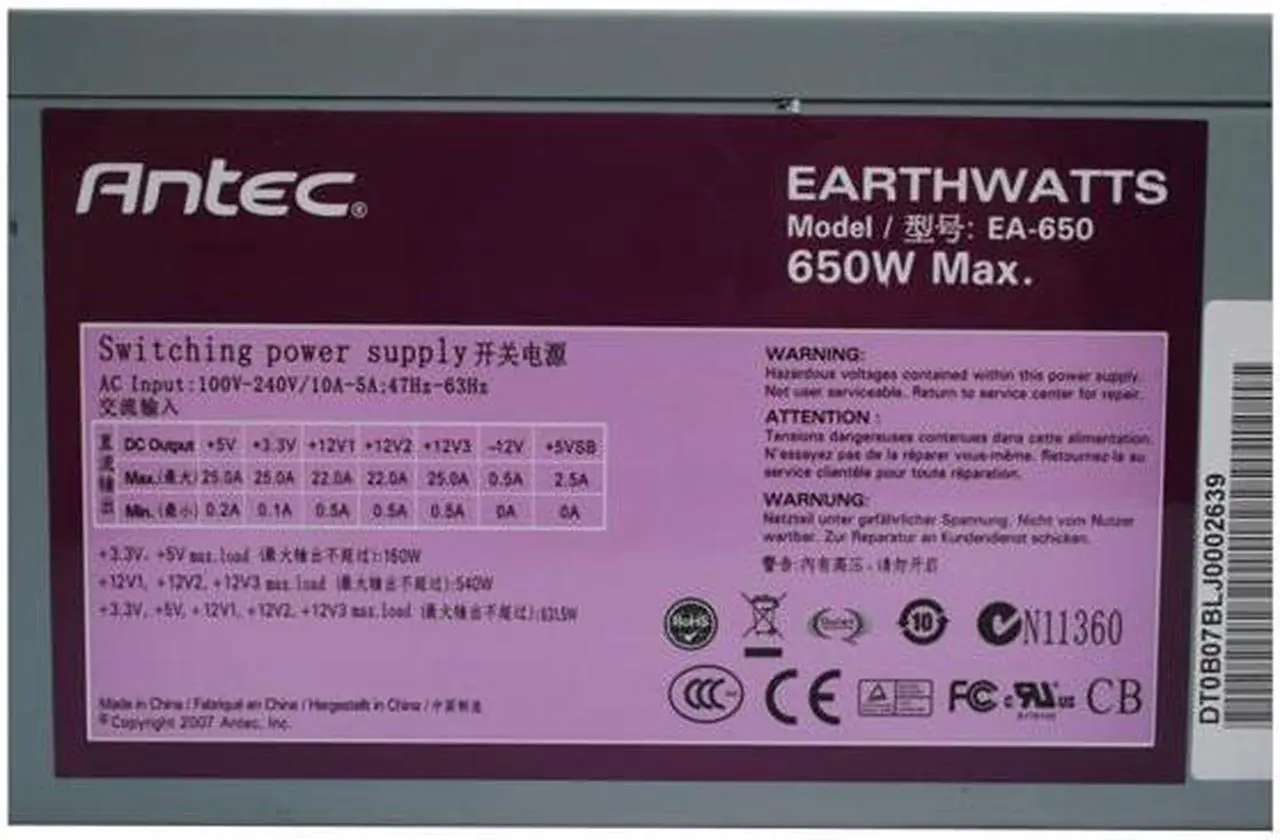 Alt view image 5 of 9 - Antec EarthWatts EA650 650W Continuous Power ATX12V Ver.2.2 / EPS12V version 2.91 SLI Certified CrossFire Ready 80 PLUS Certified  Active PFC "compatible with Core i7/Core i5" Power Supply
