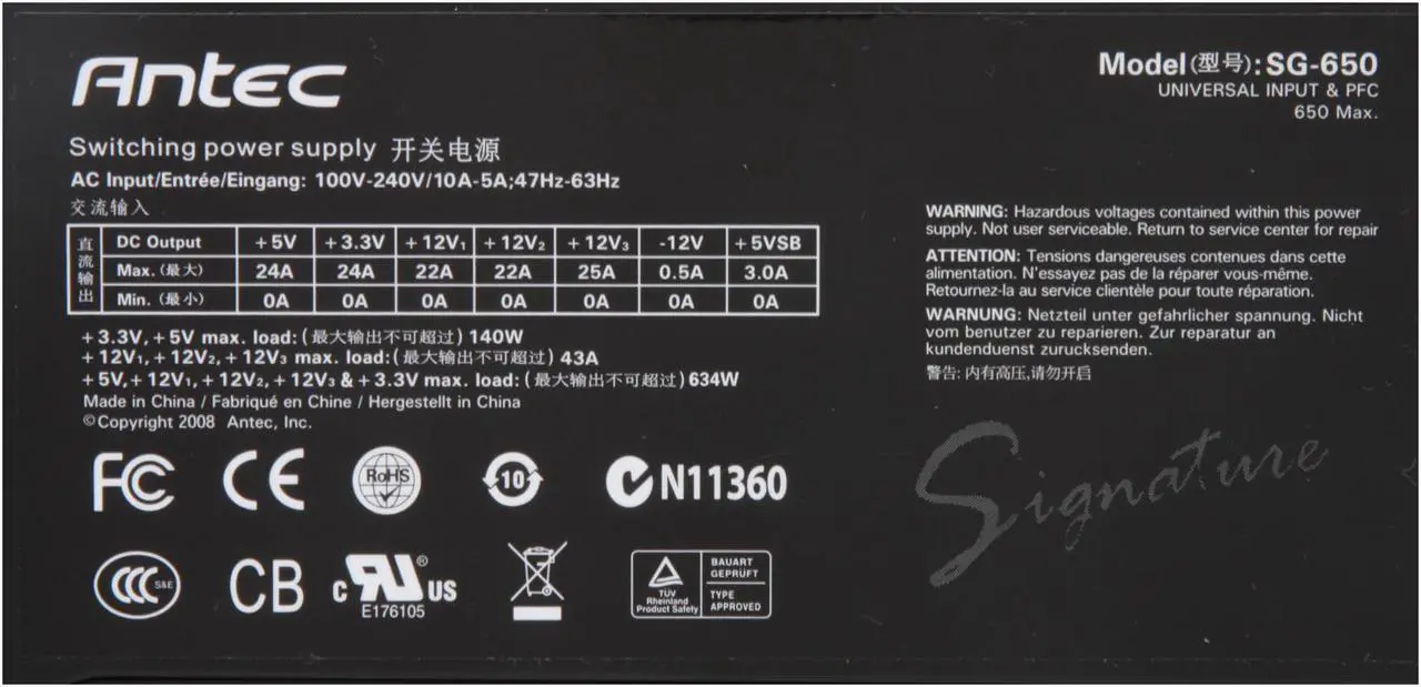 Alt view image 4 of 9 - Antec Signature SG650 650W Continuous Power ATX12V / EPS12V SLI Certified CrossFire Ready 80 PLUS BRONZE Certified Modular Active PFC "compatible with Core i7/Core i5" Power Supply