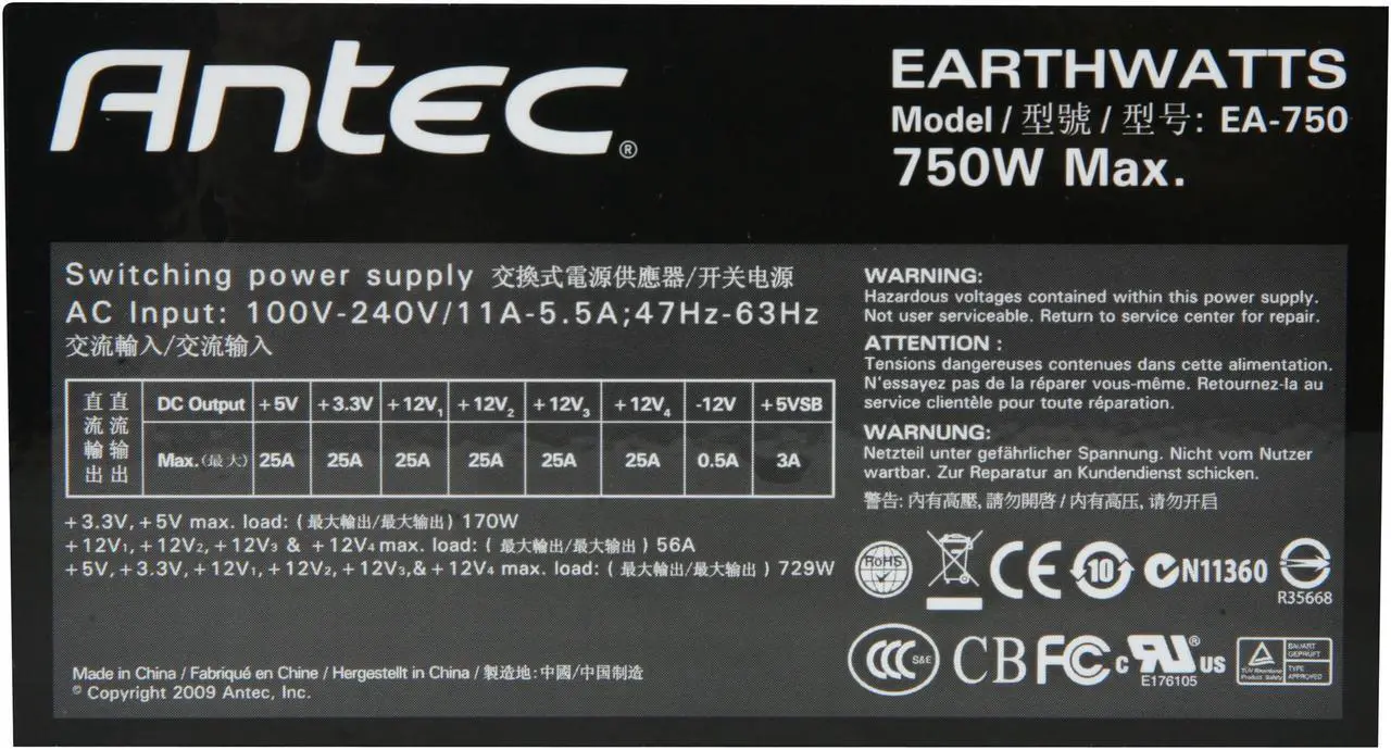 Alt view image 4 of 8 - Antec EarthWatts EA750 750W Continuous Power ATX12V version 2.3 SLI Certified CrossFire Ready 80 PLUS Certified Active PFC "compatible with Core i7/Core i5" Power Supply
